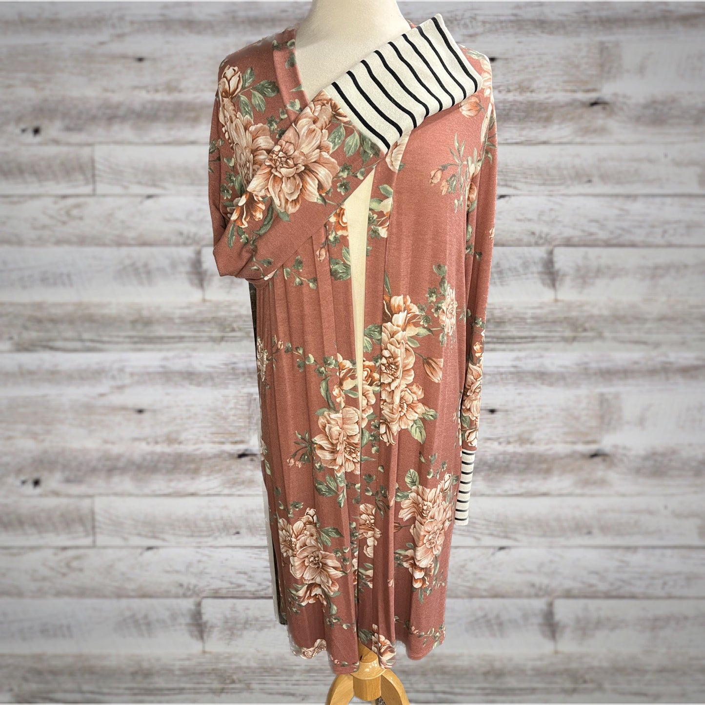 Blush Vintage Floral Duster Cardigan with Striped Cuffs