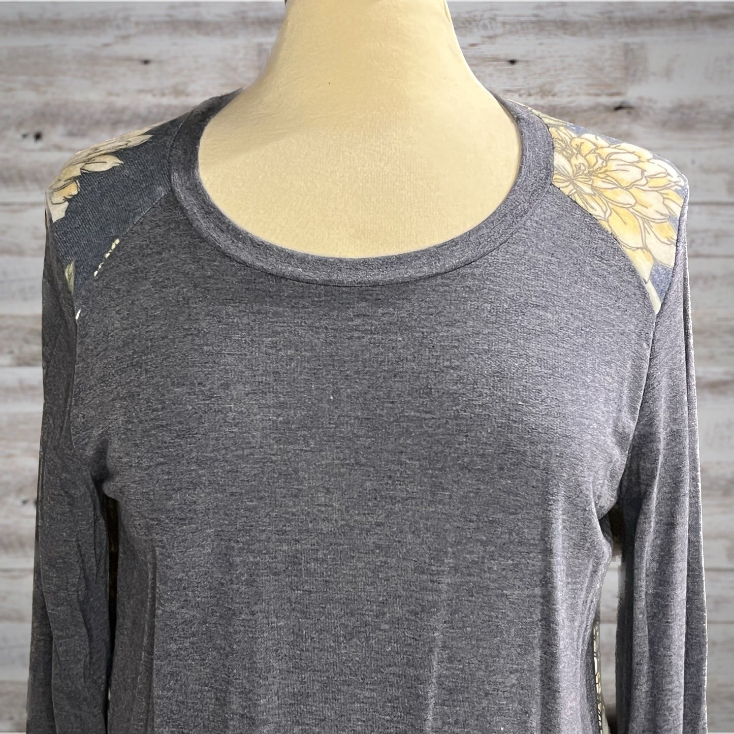 Dusty Blue Floral Back Button Cuff Long Sleeve Tee