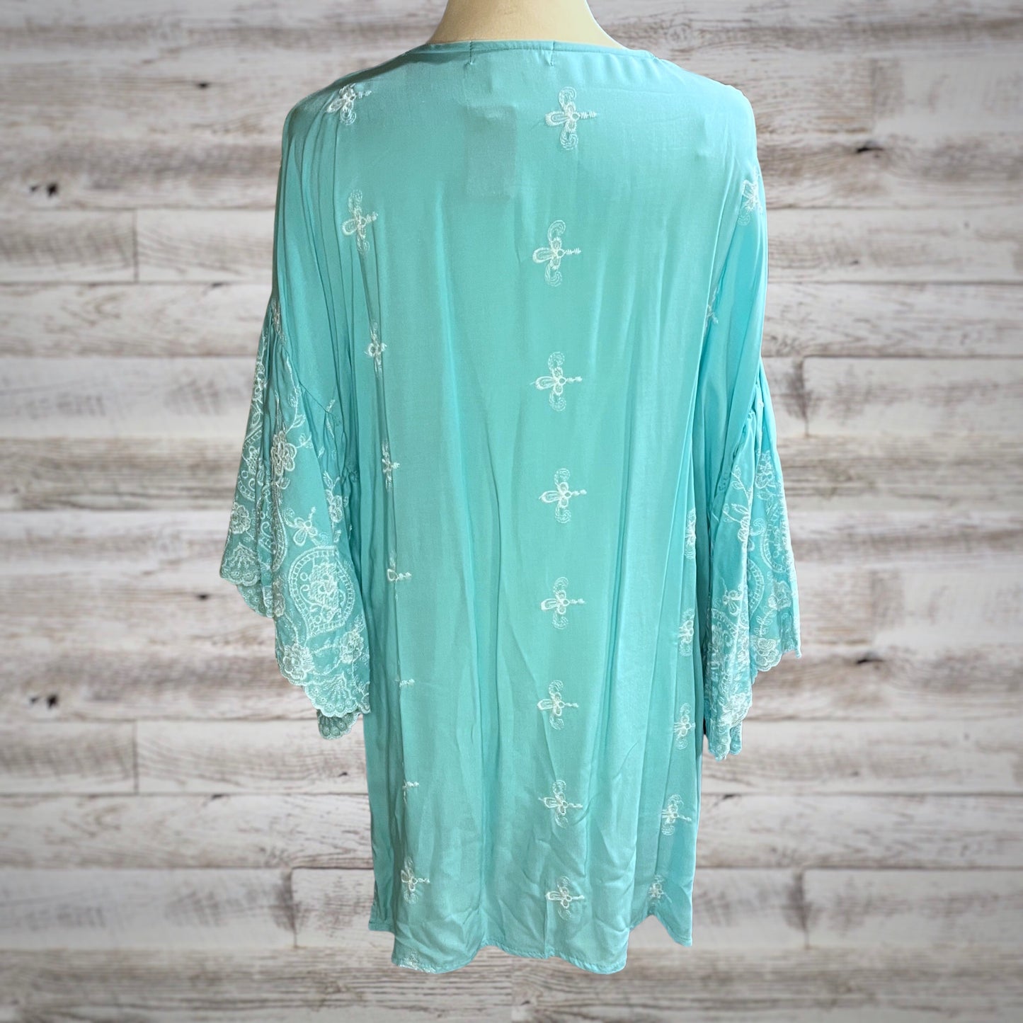 Embroidered Trumpet Sleeve Open Kimono Top in Aqua