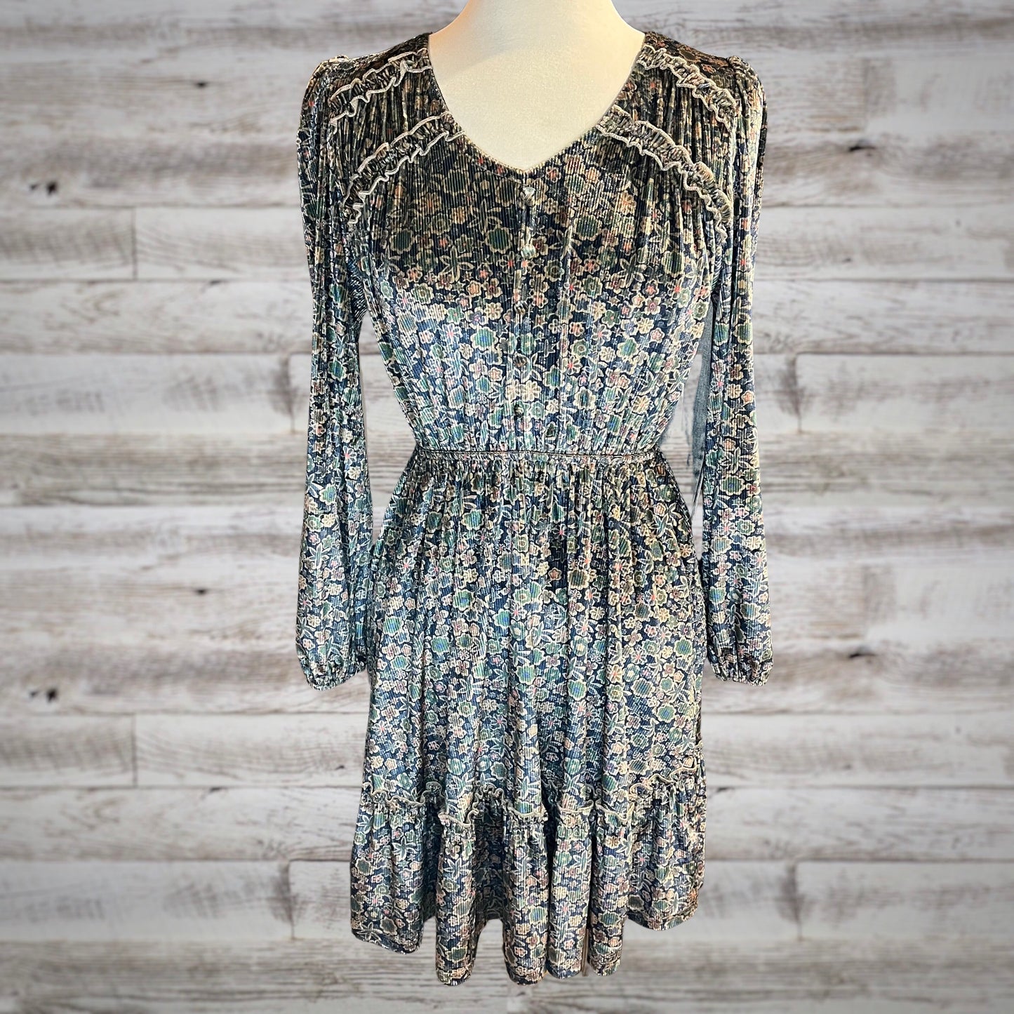 Shimmery Velvet Western Floral Long Sleeve Mini Dress in Blue