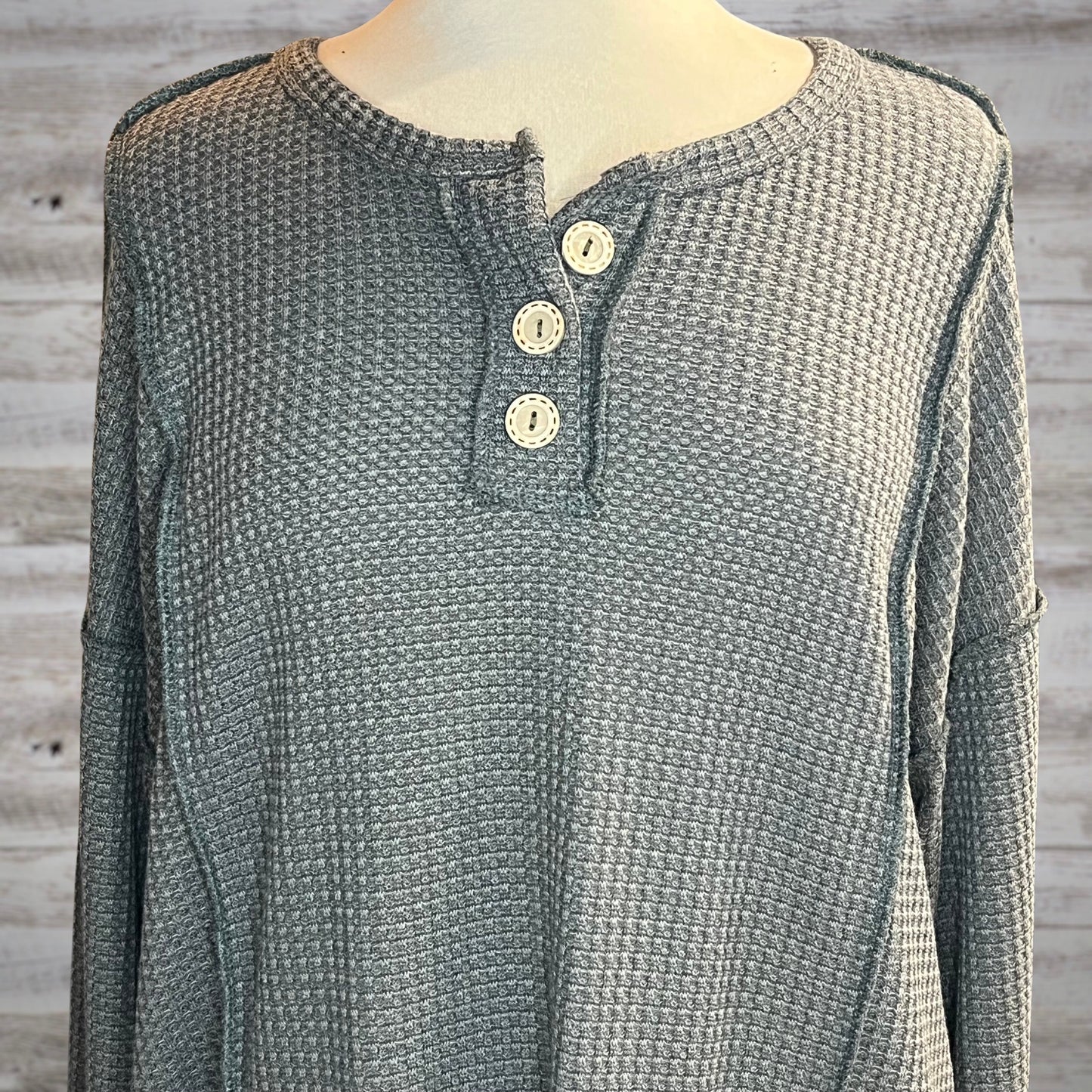 PLUS Waffle Knit Long Sleeve Henley Top in Olive