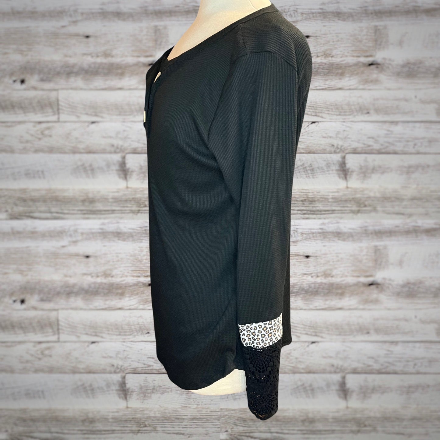 Embellished Cuff Waffle Knit Thermal Tee in Black