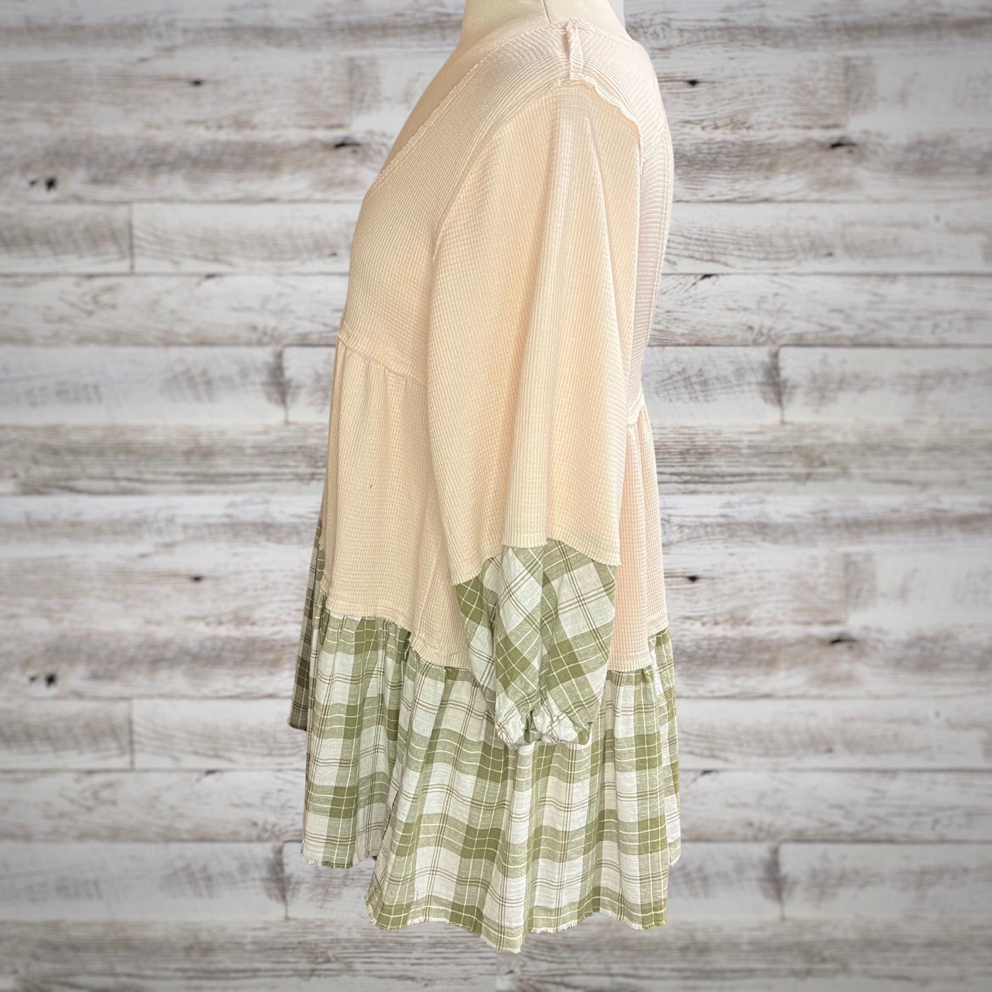 POL Sweet Waffle Knit Babydoll Tunic with Plaid Trim