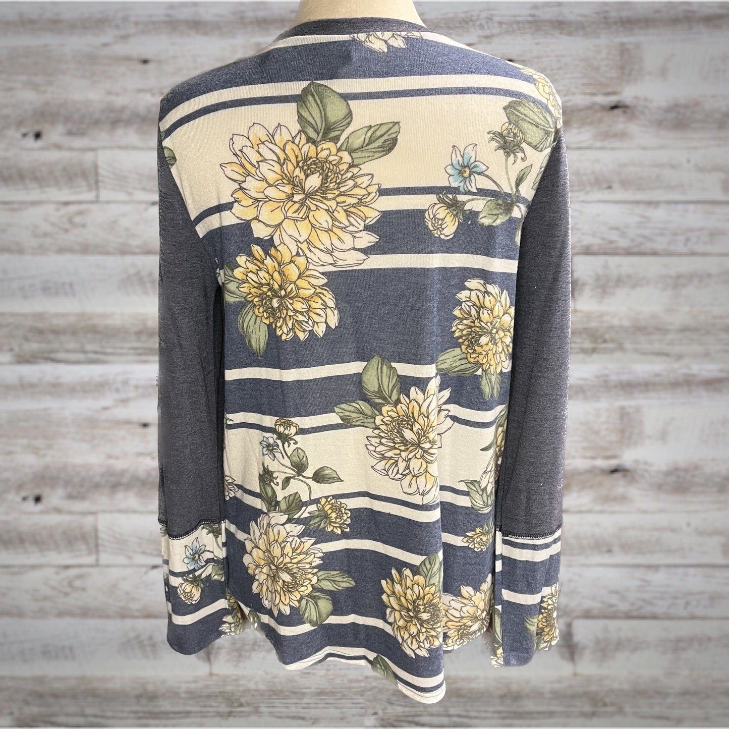 Dusty Blue Floral Back Button Cuff Long Sleeve Tee