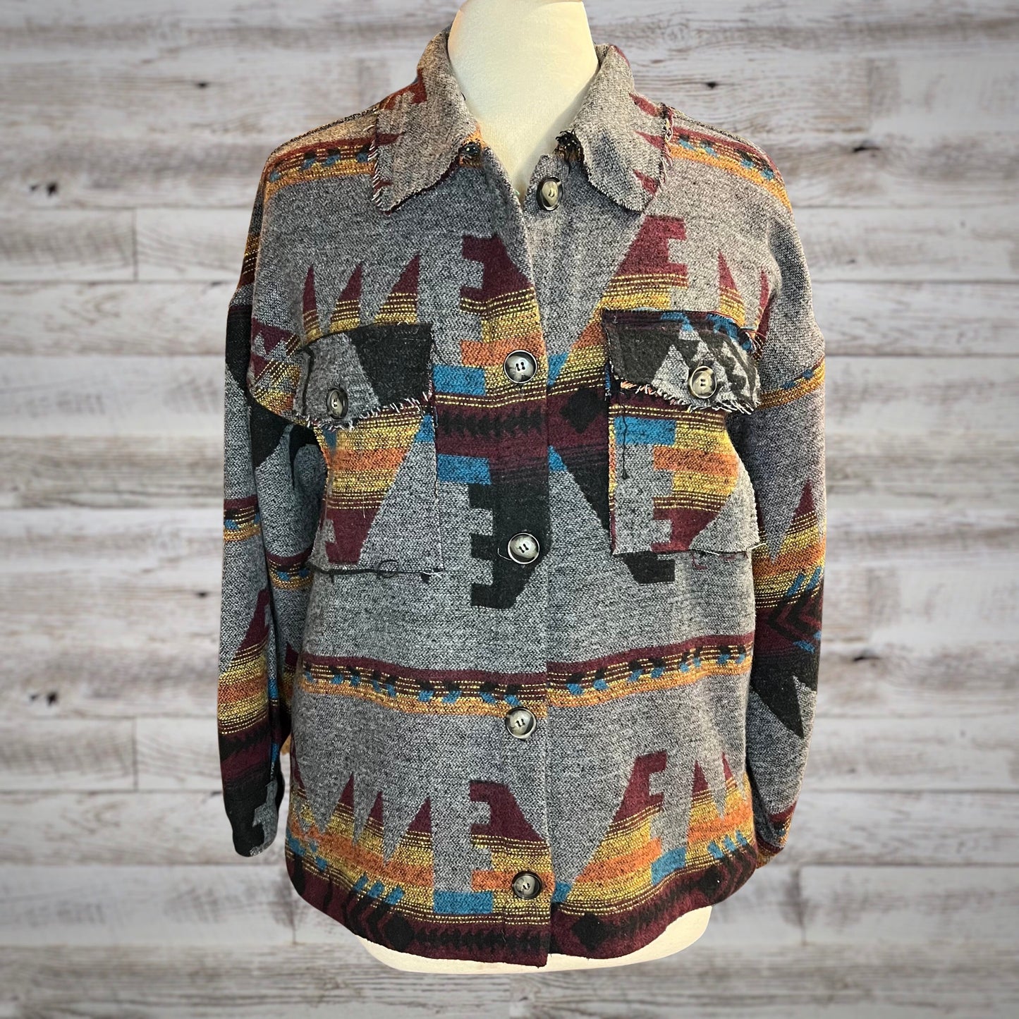 Southwestern Print Fleece Blanket Shacket in Charcoal/Multi