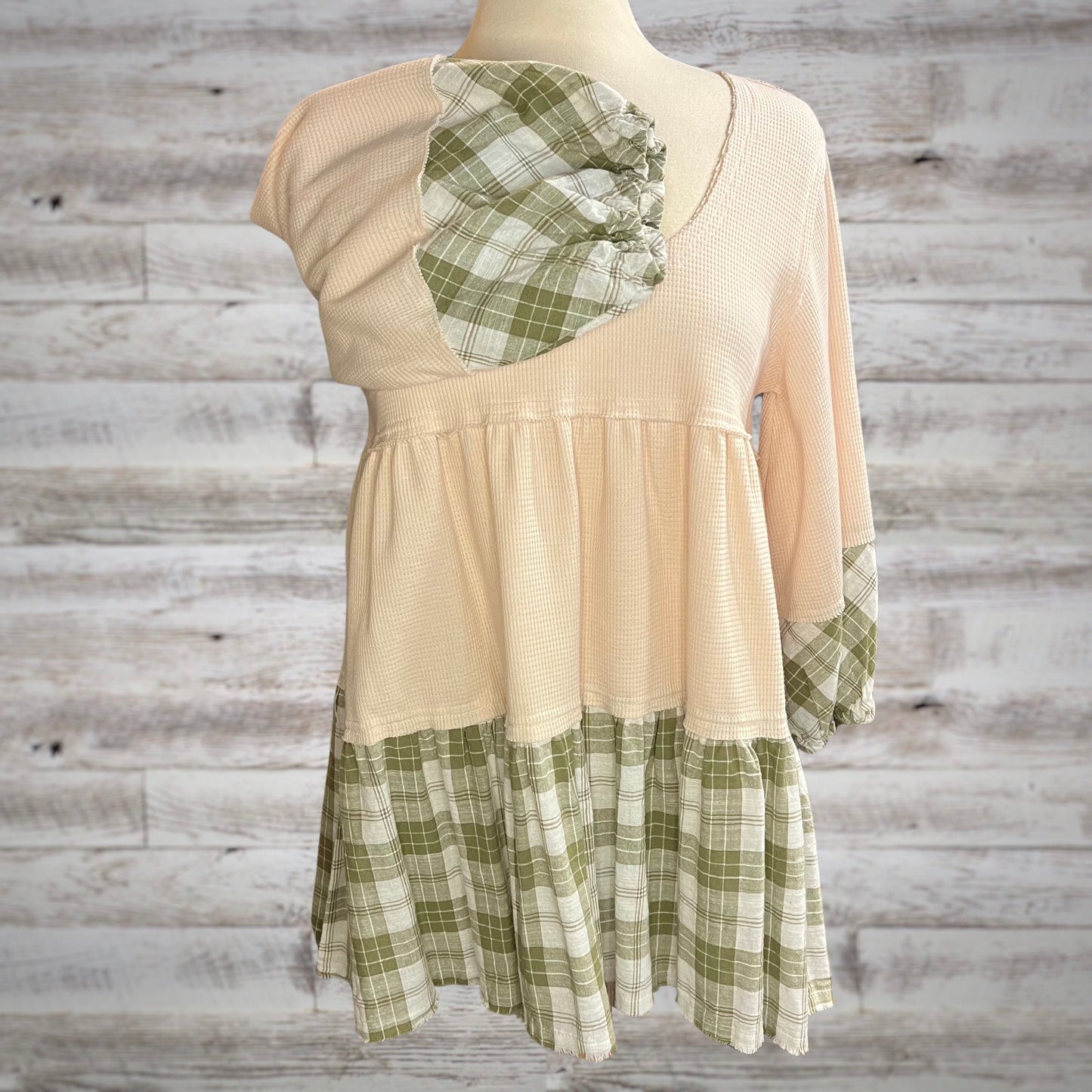POL Sweet Waffle Knit Babydoll Tunic with Plaid Trim