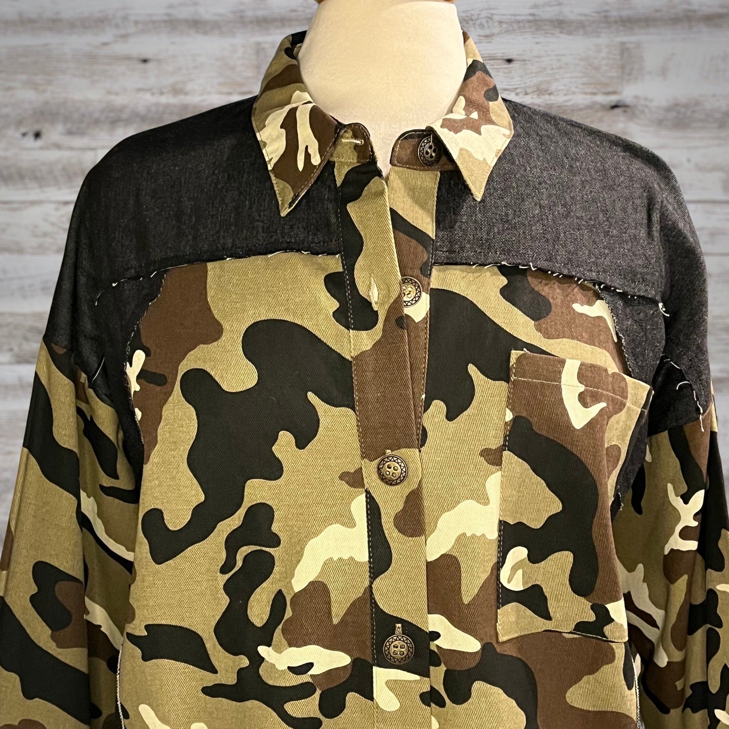Camo Print Denim Mix Button Down Jacket