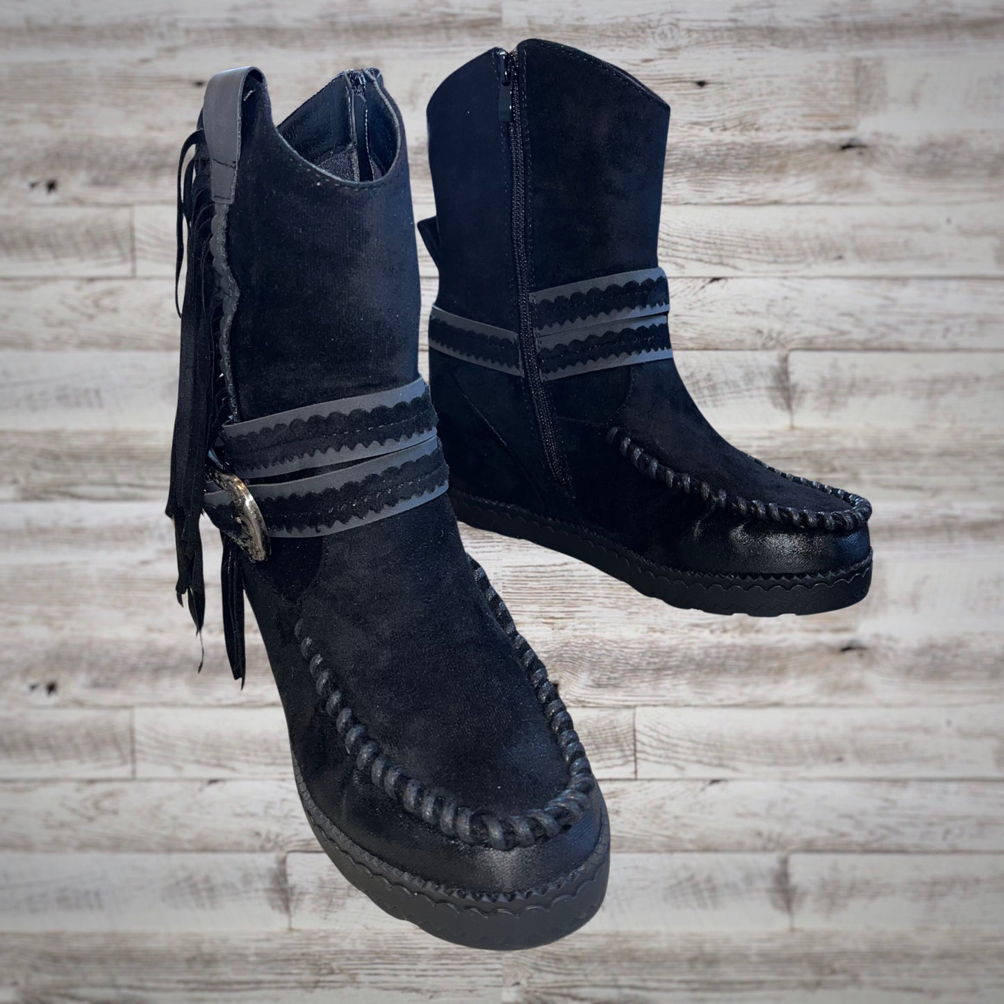 Very G Western Fringe Moc Toe Wedge Booties in Black Suede