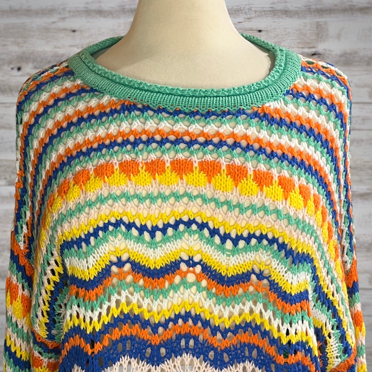 Free Spirit Colorful Crochet Knit Pullover with Bell Sleeves