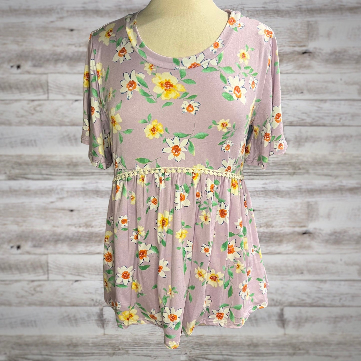 Floral Peplum Waist Jersey Babydoll Top in Lilac