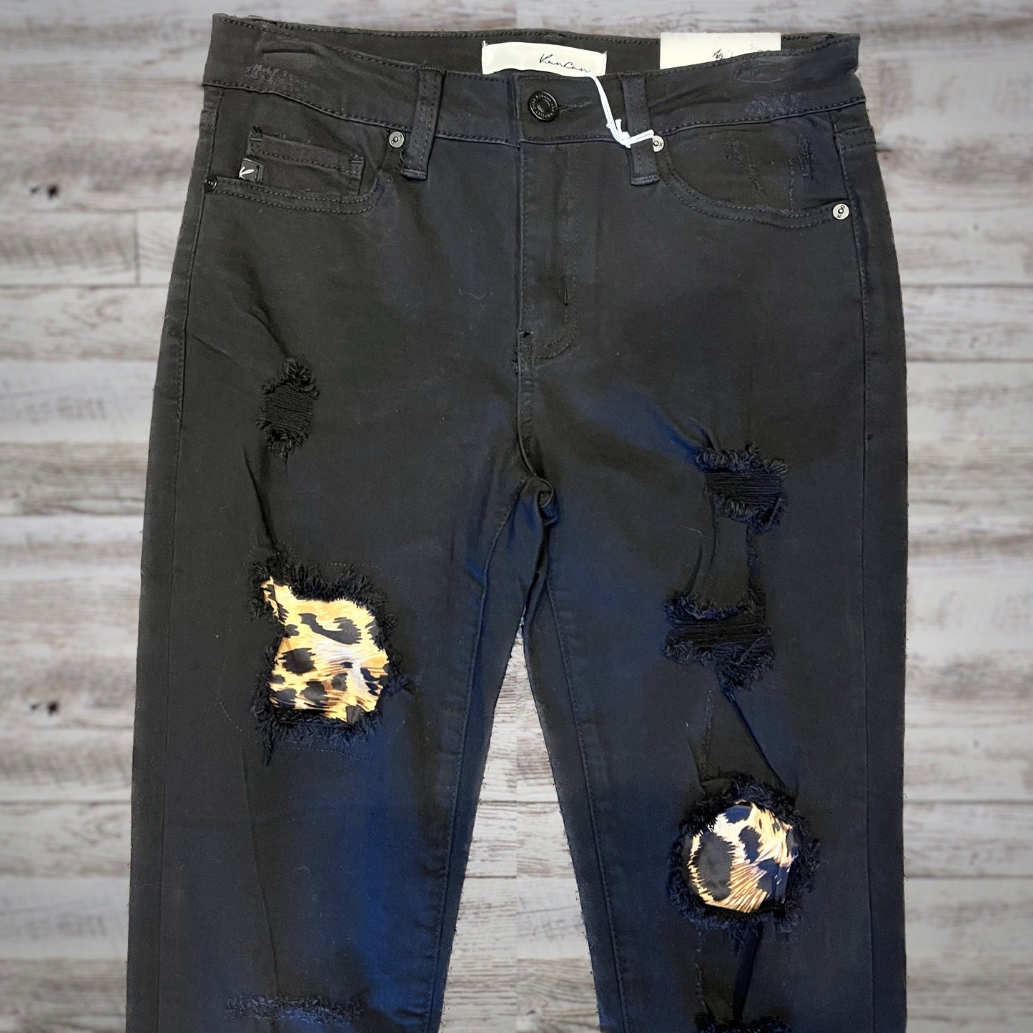 Kancan Leopard Patch Skinny Jeans in Black/Tan