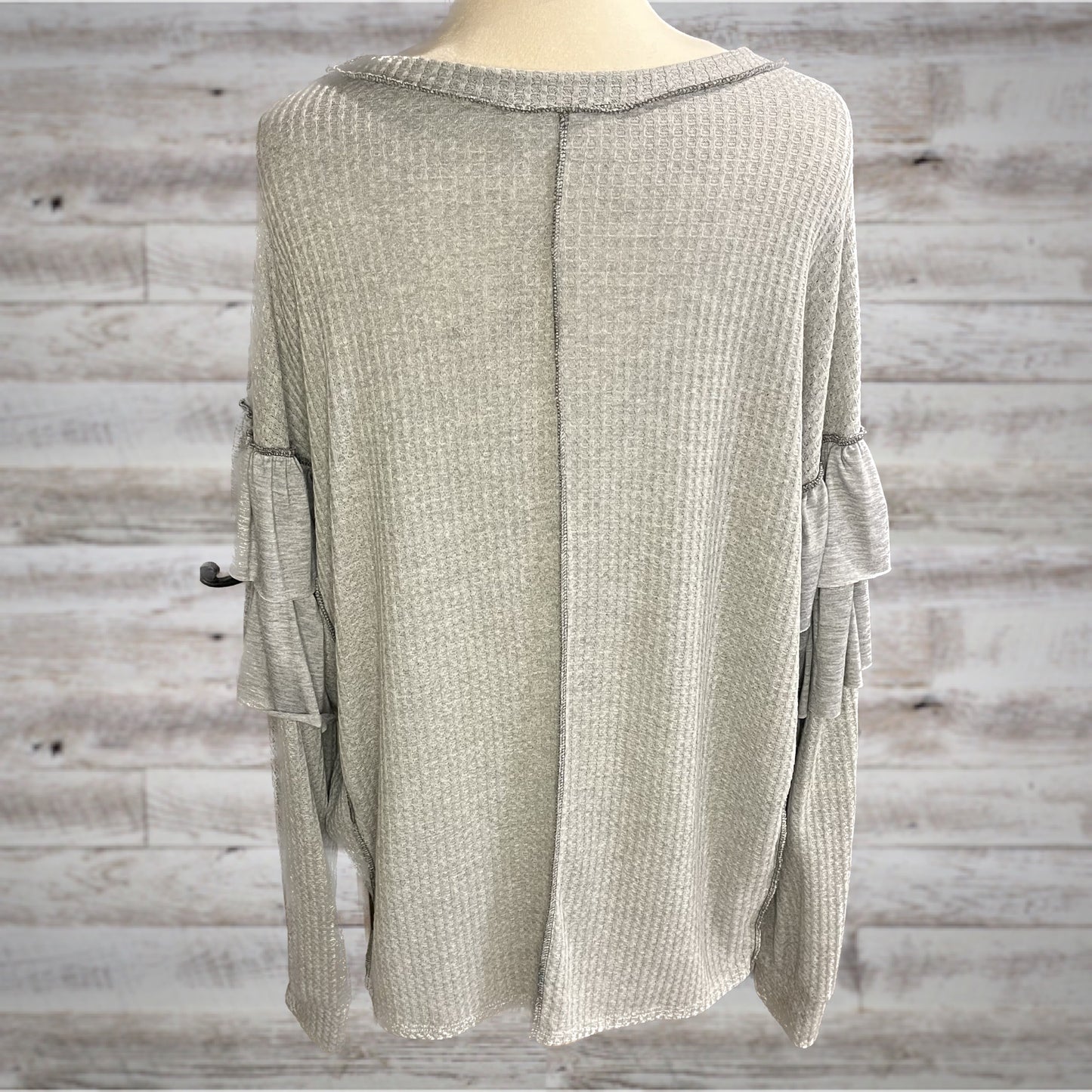 PLUS Ruffled Waffle Knit Long Sleeve Top in Ash