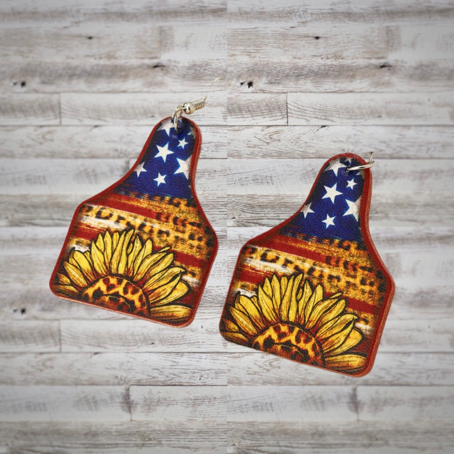 USA + Sunflower Cow Tag Leather Drop Earrings