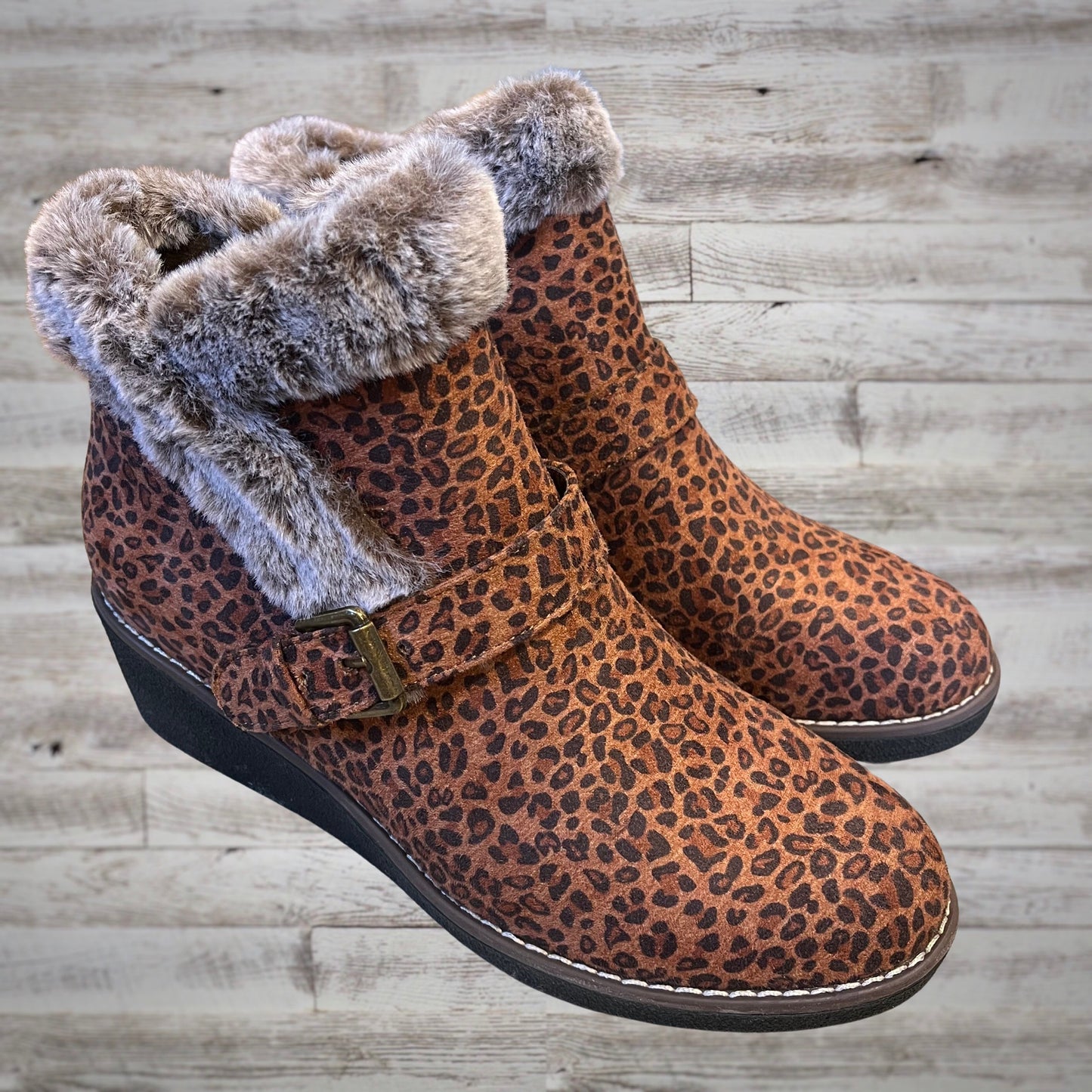 Corky's Fur Trim Mid Wedge Leopard Booties with Buckles