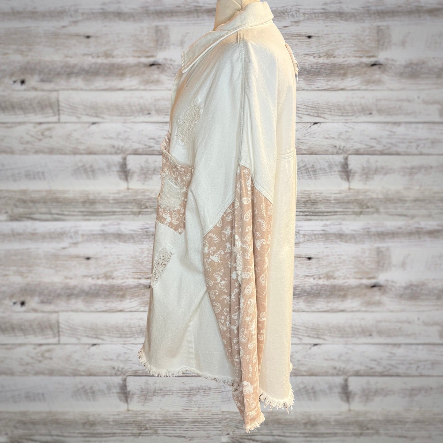 PLUS POL Country Roads Bandana Print Distressed Jean Jacket