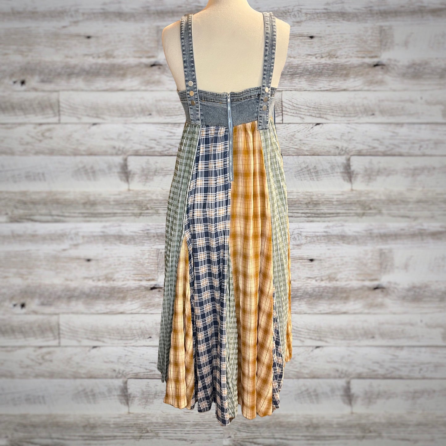 Midwest Girl Patchwork Plaid and Denim Overall Maxi Dress