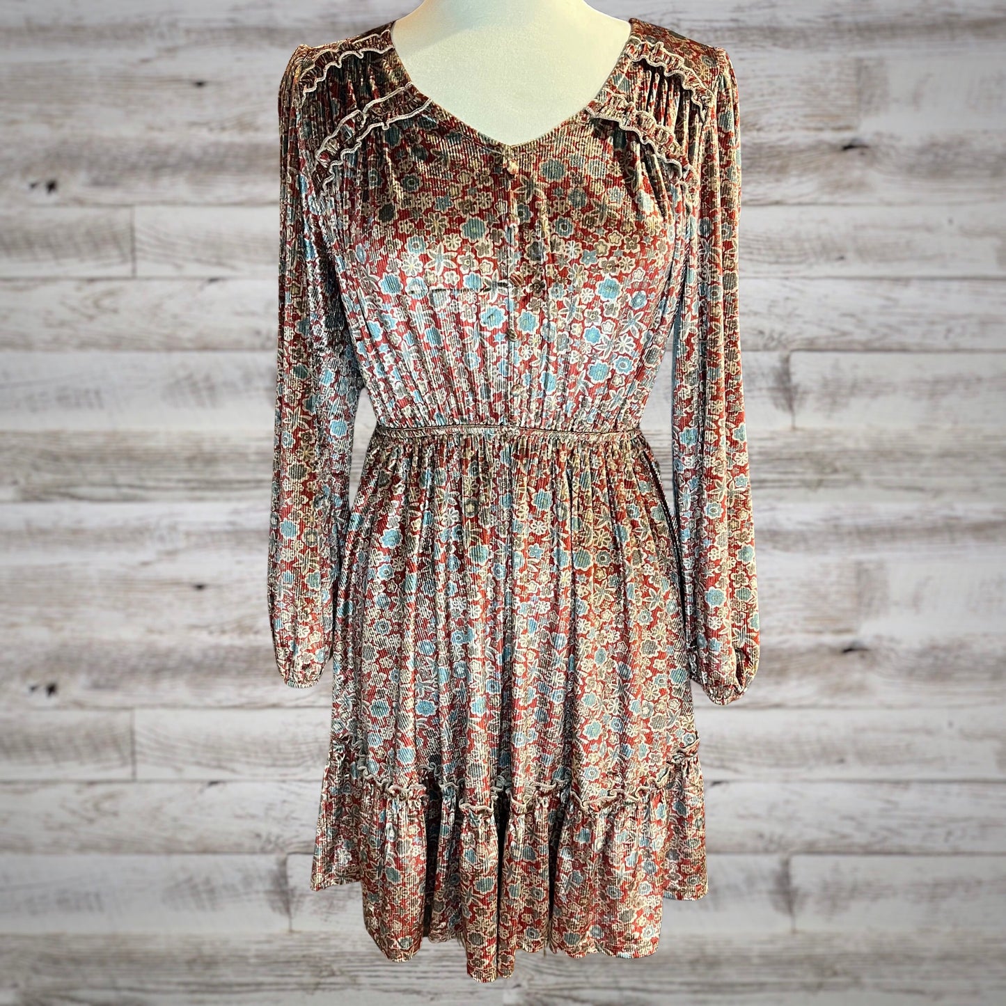 Shimmery Velvet Western Floral Long Sleeve Mini Dress in Red