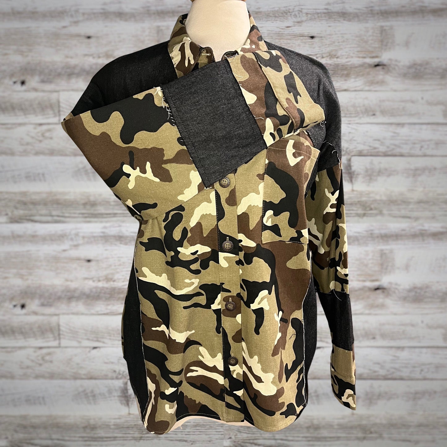 Camo Print Denim Mix Button Down Jacket