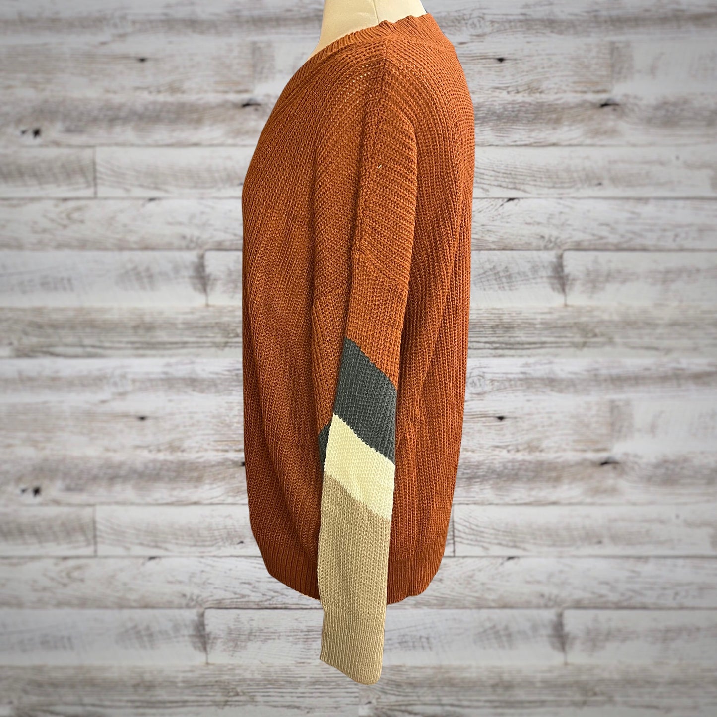 Oversized Burnt Orange V Neck Colorblock Sweater
