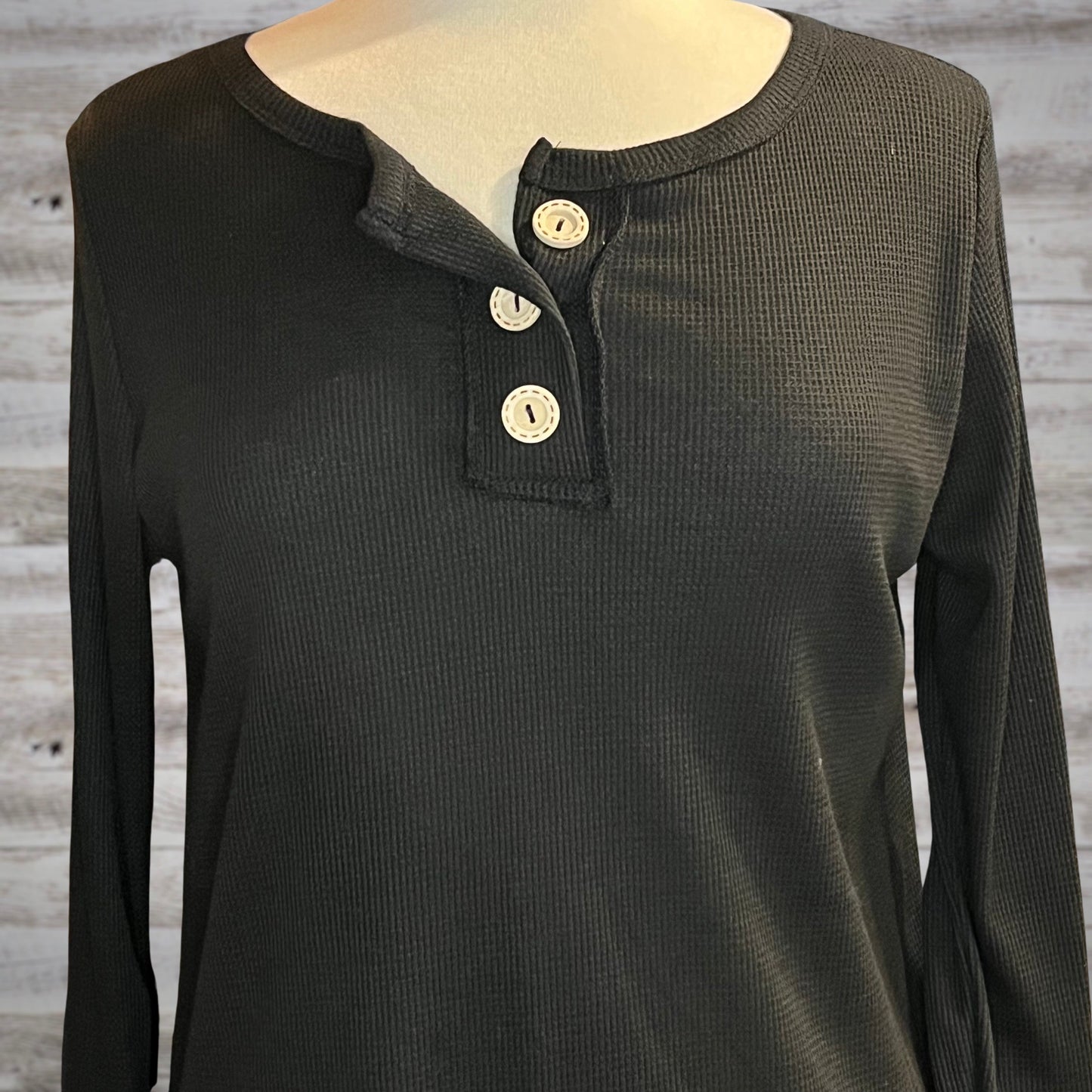 Embellished Cuff Waffle Knit Thermal Tee in Black