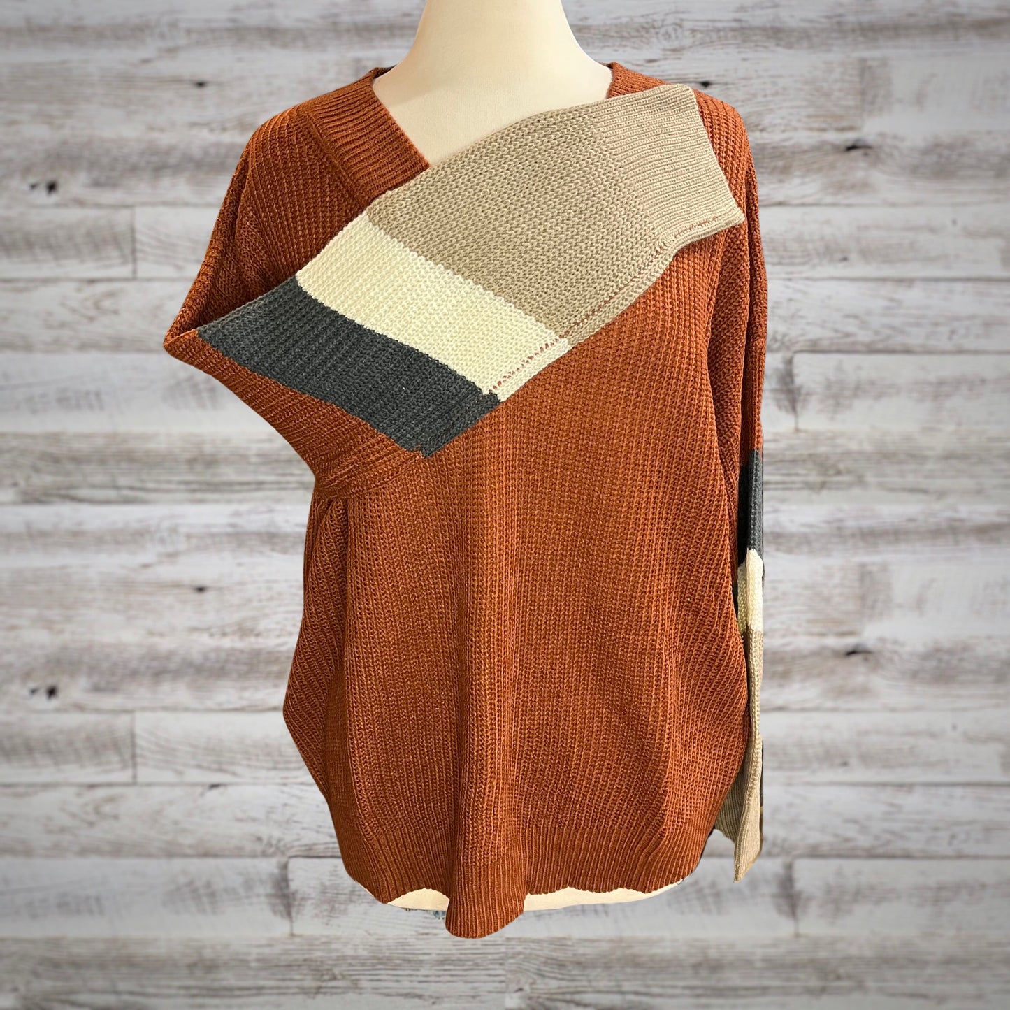 Oversized Burnt Orange V Neck Colorblock Sweater