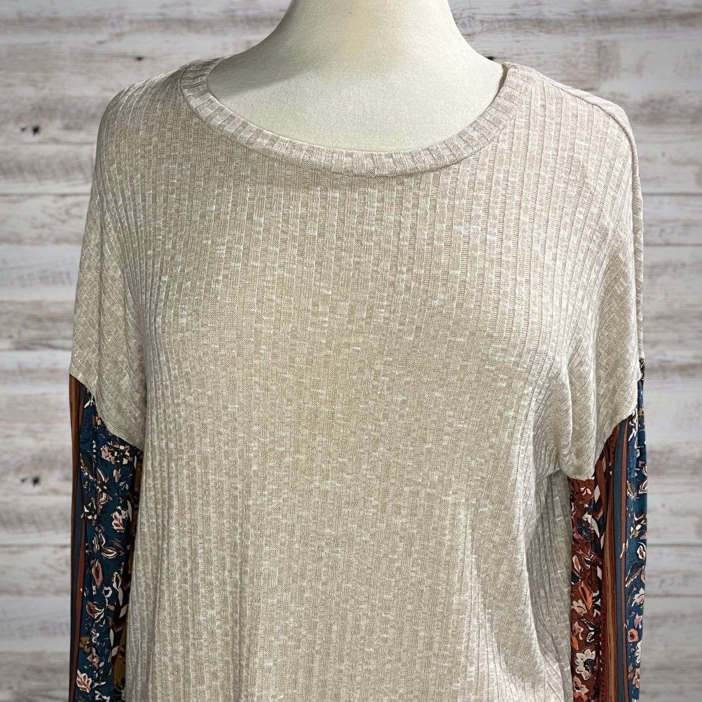 Boho Floral Balloon Sleeve Ribbed Knit Top
