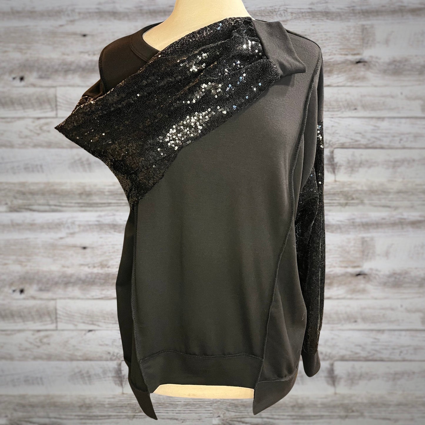 Glam Sequin Sleeve Lightweight Pullover in Black