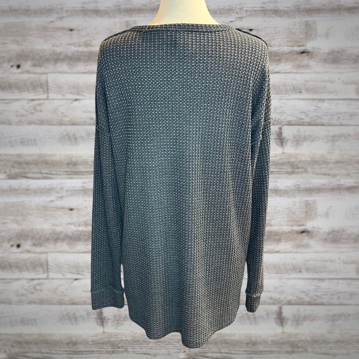 PLUS Waffle Knit Long Sleeve Henley Top in Charcoal
