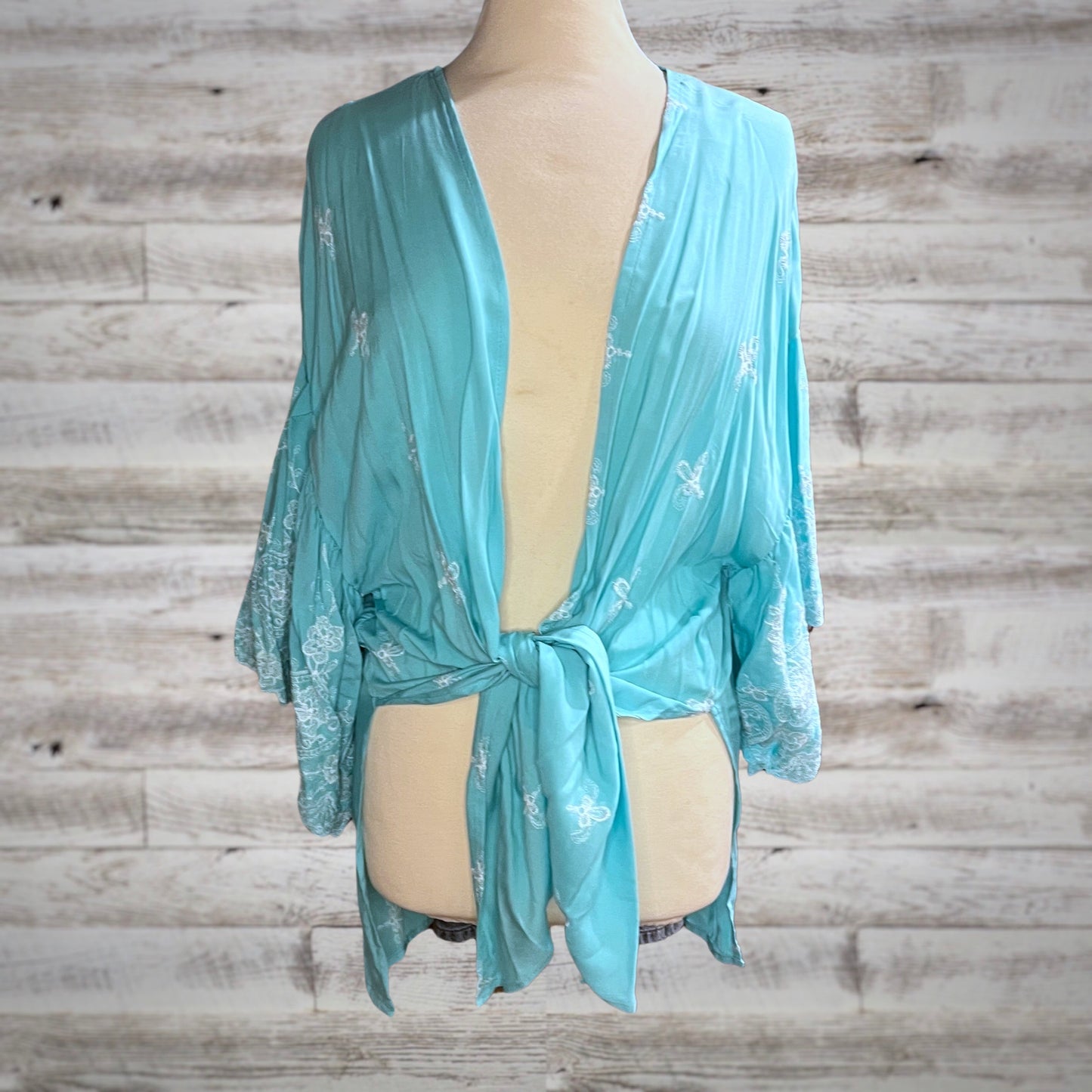 Embroidered Trumpet Sleeve Open Kimono Top in Aqua
