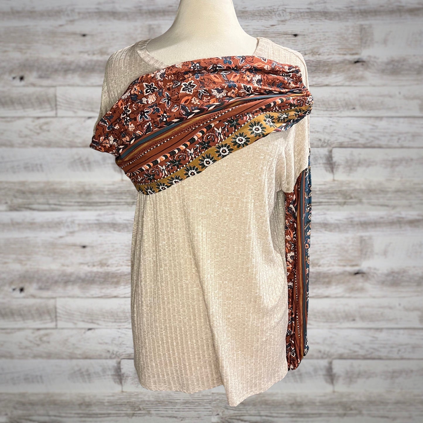 Boho Floral Balloon Sleeve Ribbed Knit Top