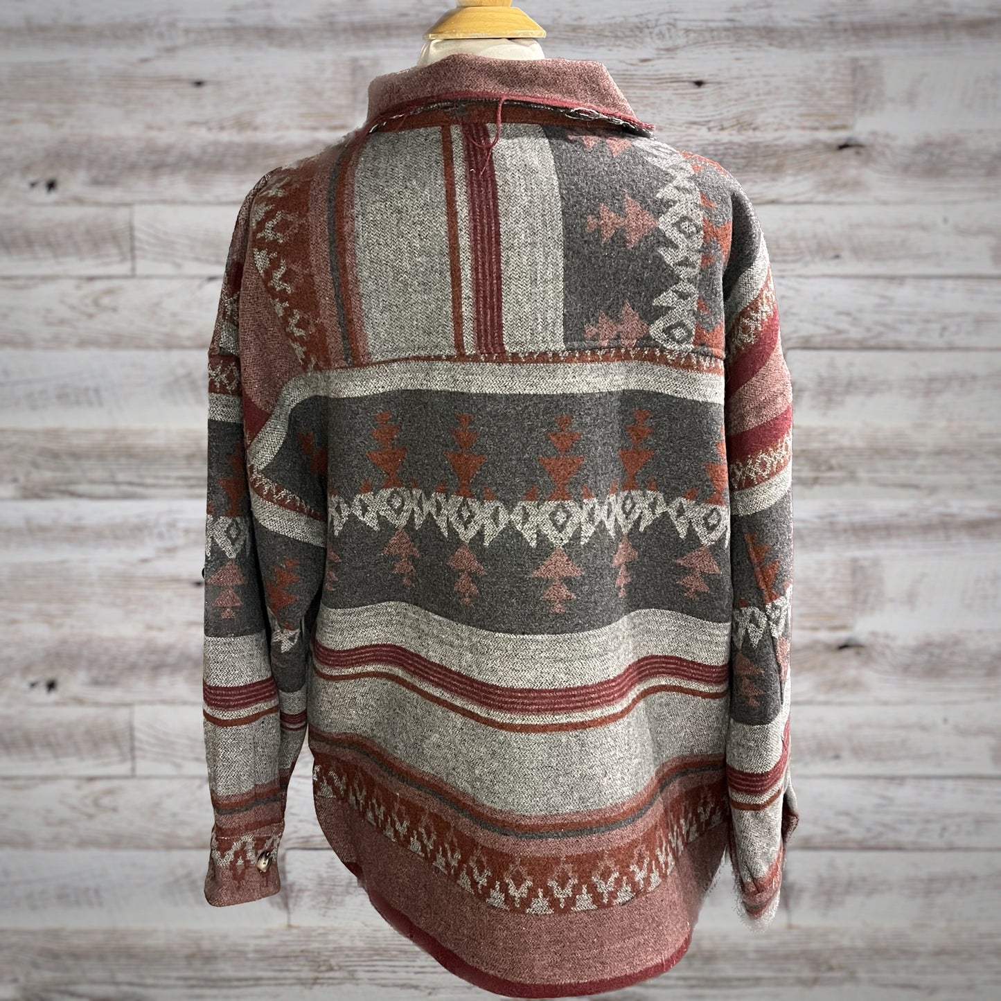 Southwestern Print Fleece Blanket Shacket in Charcoal and Maroon