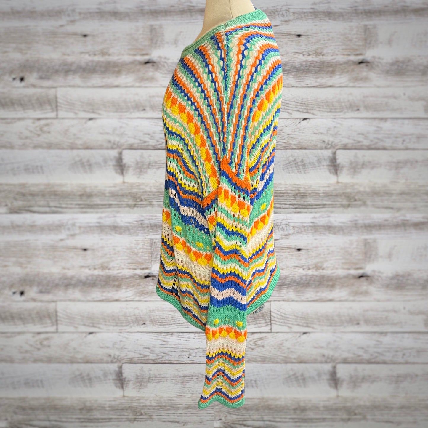 Free Spirit Colorful Crochet Knit Pullover with Bell Sleeves