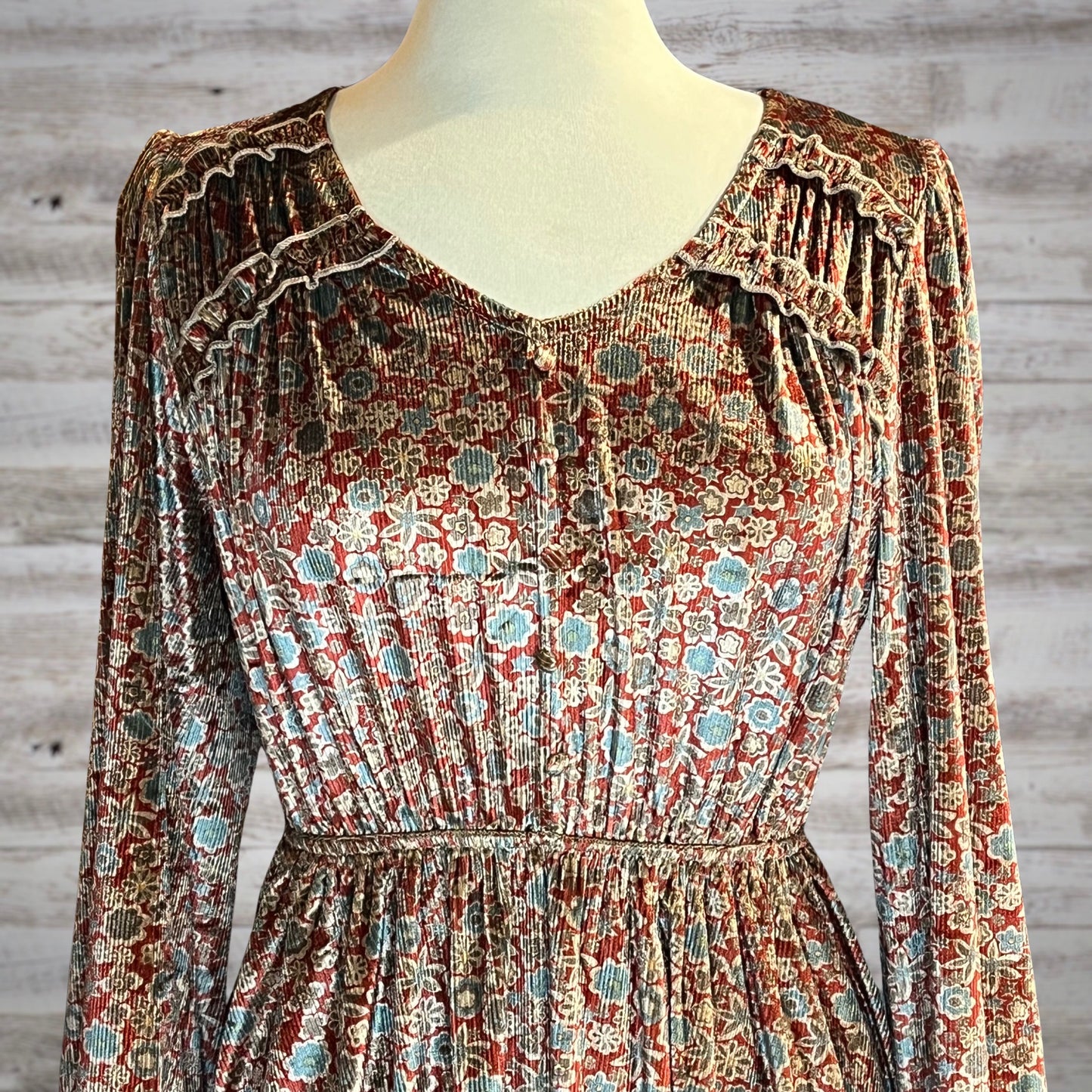 Shimmery Velvet Western Floral Long Sleeve Mini Dress in Red