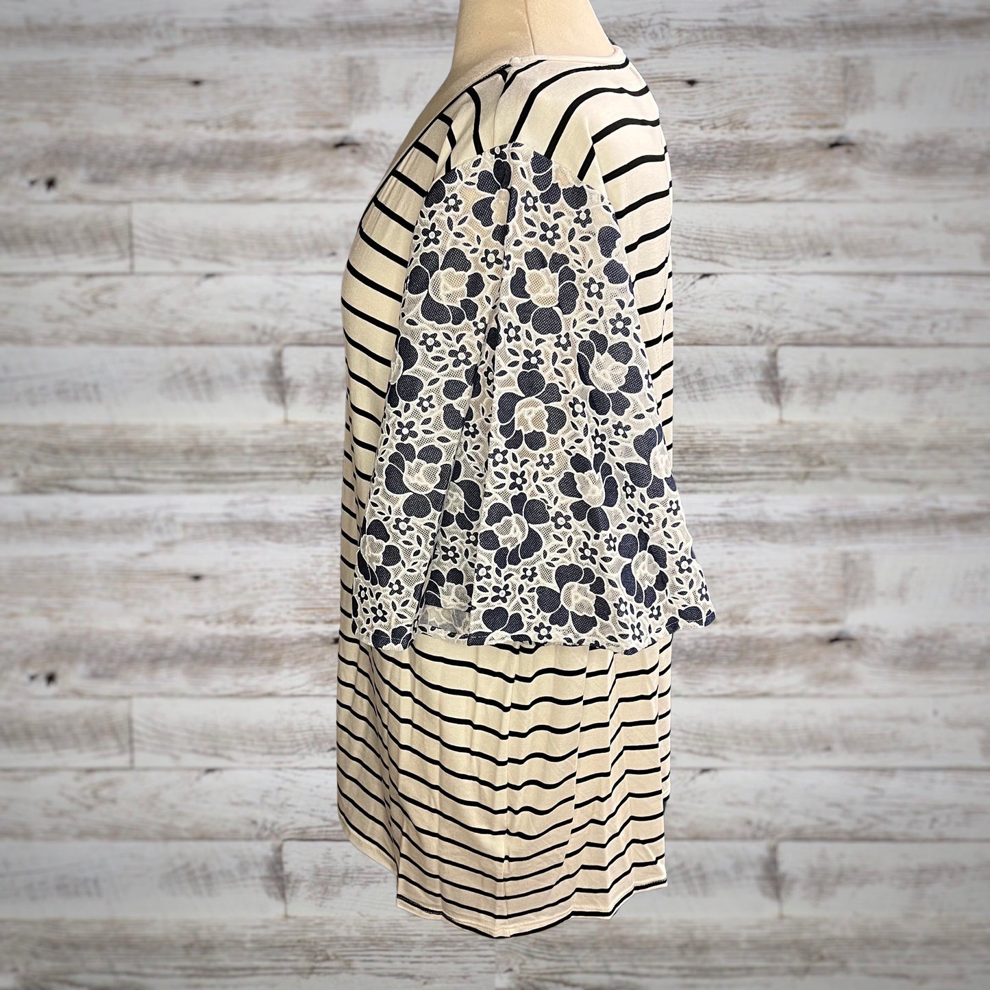 PLUS Striped Tee with Lace Flutter Sleeves