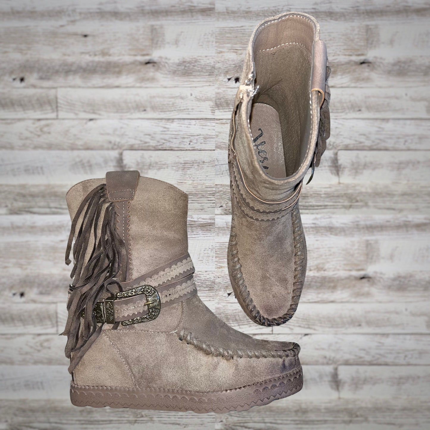 Very G Western Fringe Moc Toe Wedge Booties in Taupe Suede