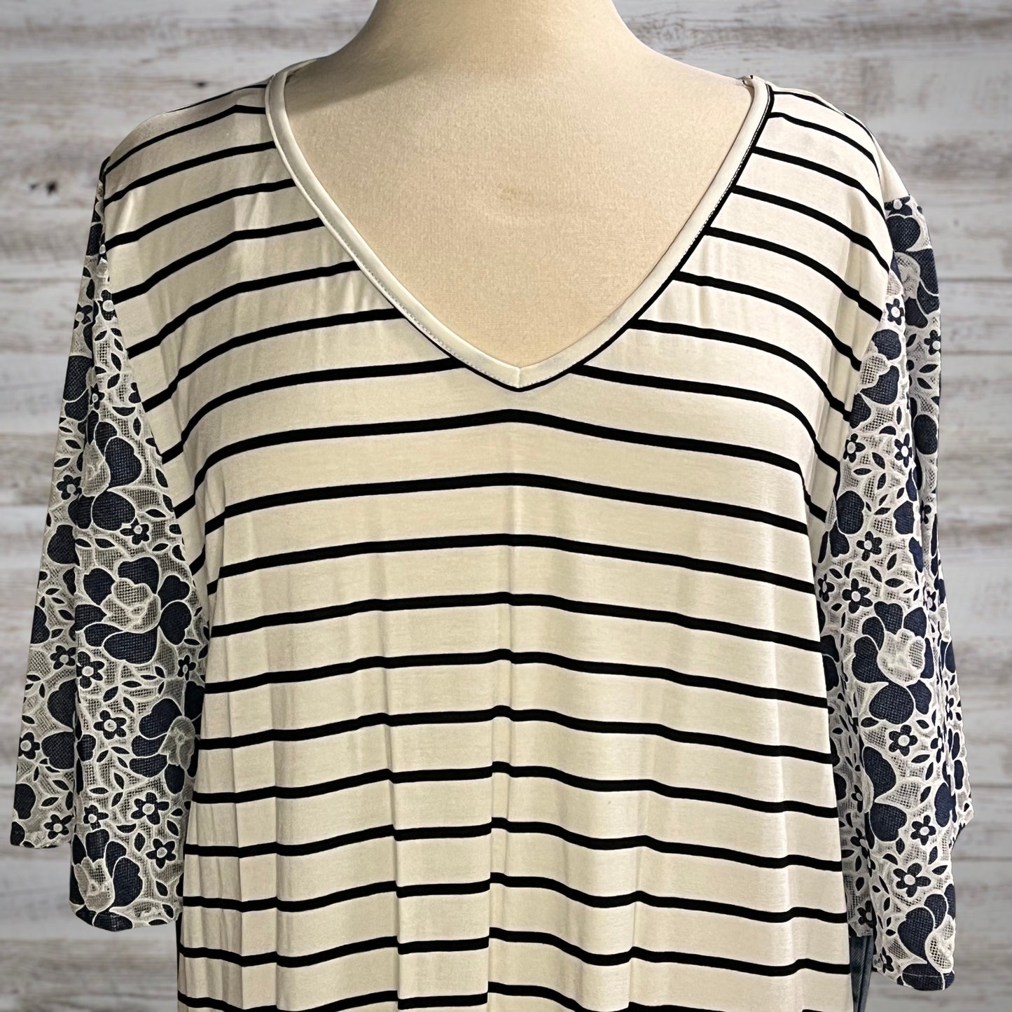 PLUS Striped Tee with Lace Flutter Sleeves