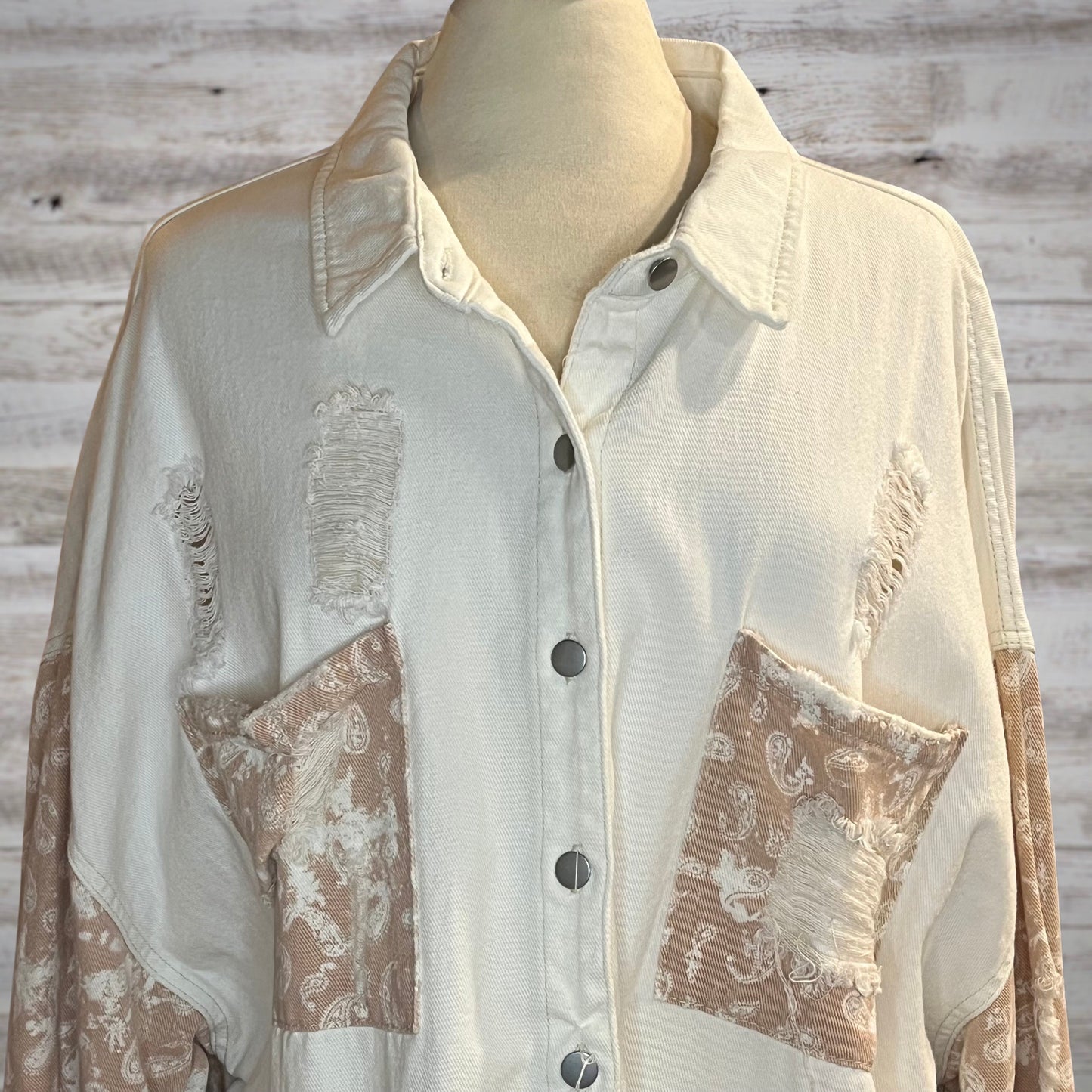 PLUS POL Country Roads Bandana Print Distressed Jean Jacket
