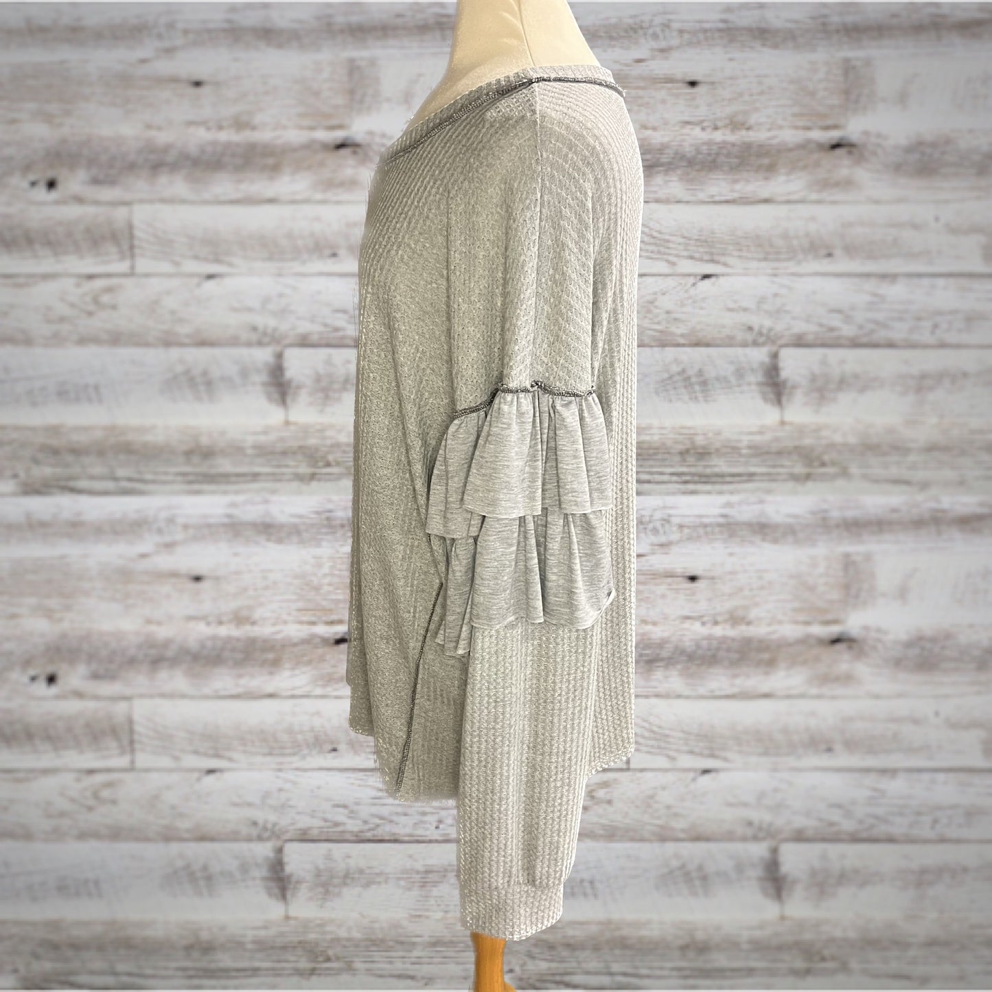 PLUS Ruffled Waffle Knit Long Sleeve Top in Ash