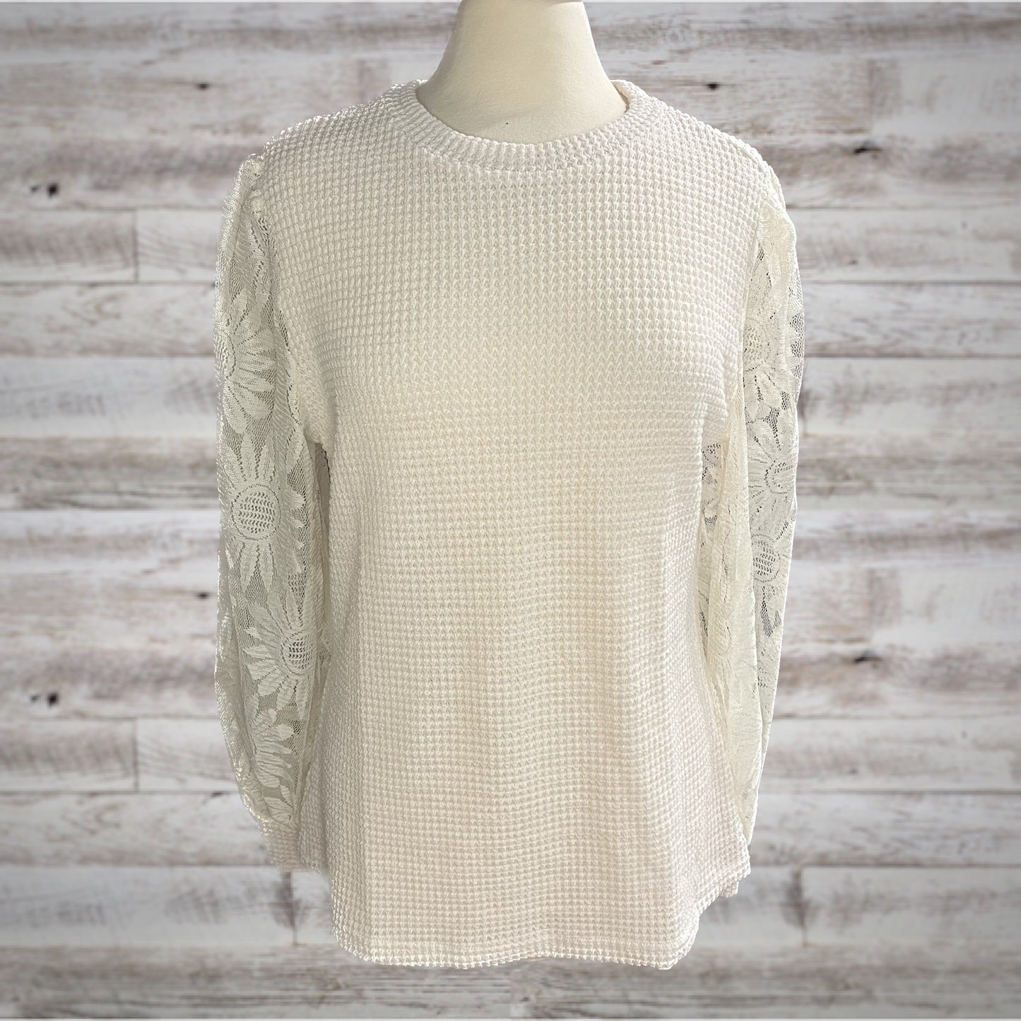 Waffle Knit Top with Daisy Lace Long Sleeves