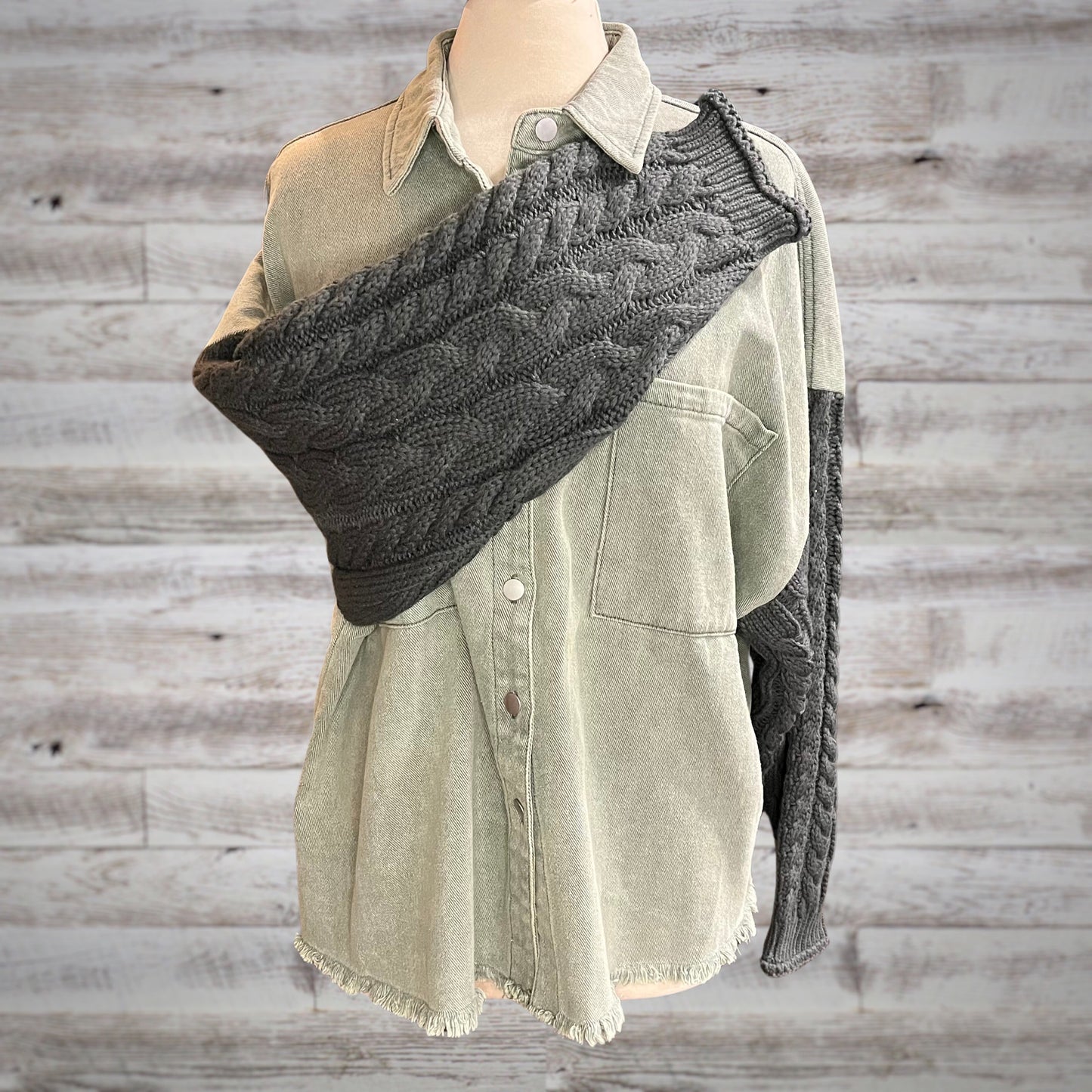 POL Cable Knit Sleeve Denim Jacket in Sage