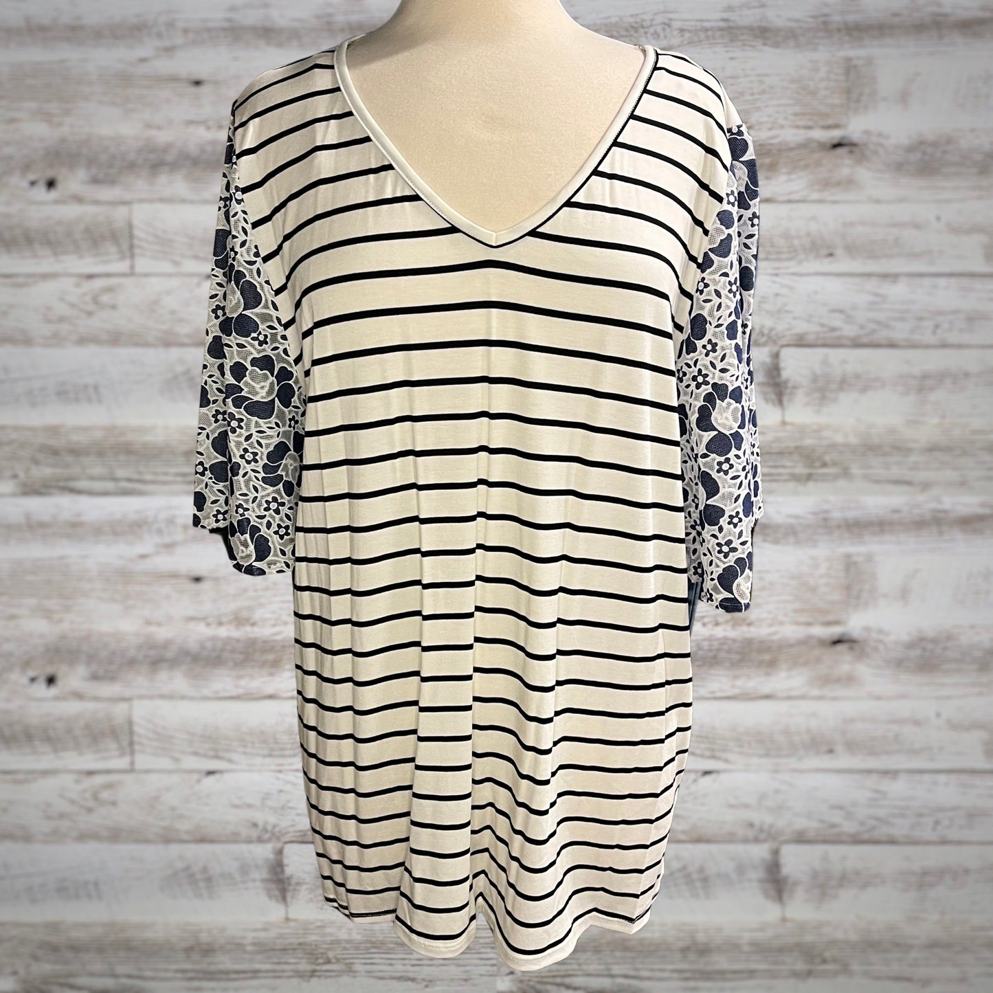 PLUS Striped Tee with Lace Flutter Sleeves