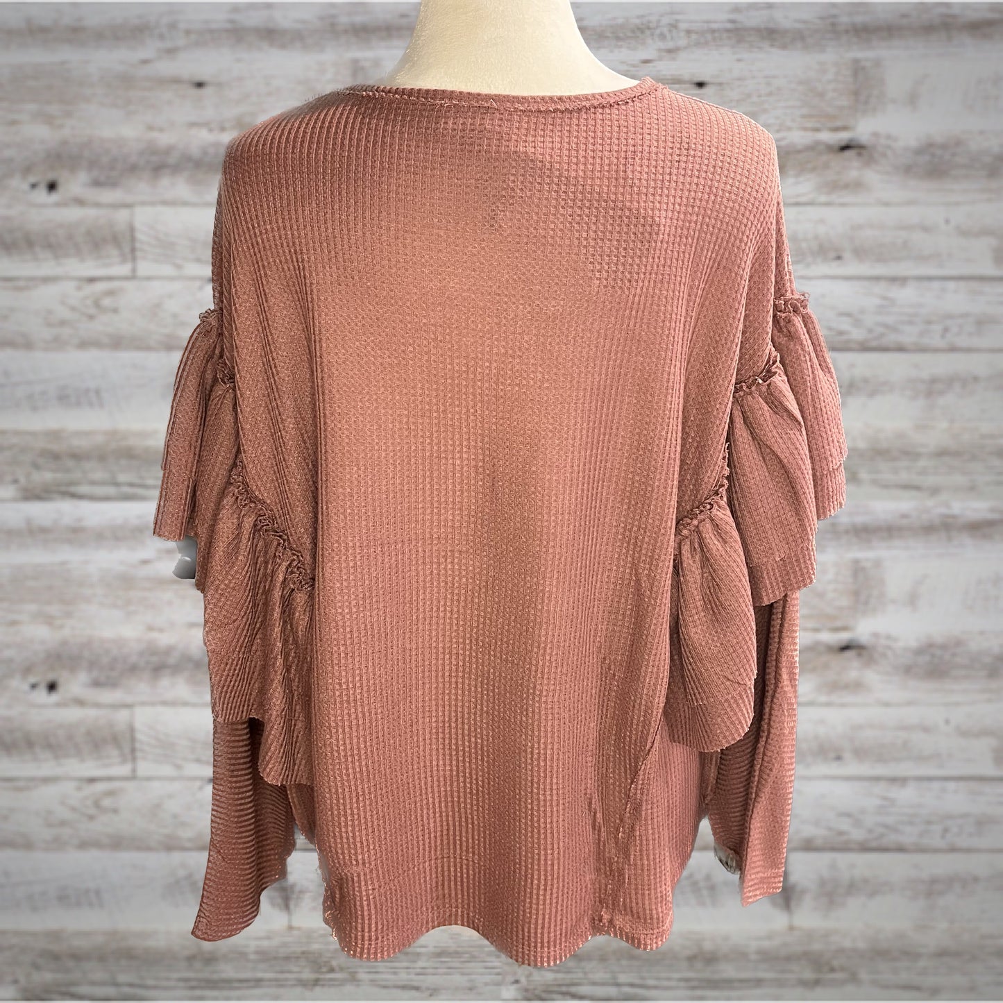 Ruffled Waffle Knit Long Sleeve Top in Mauve