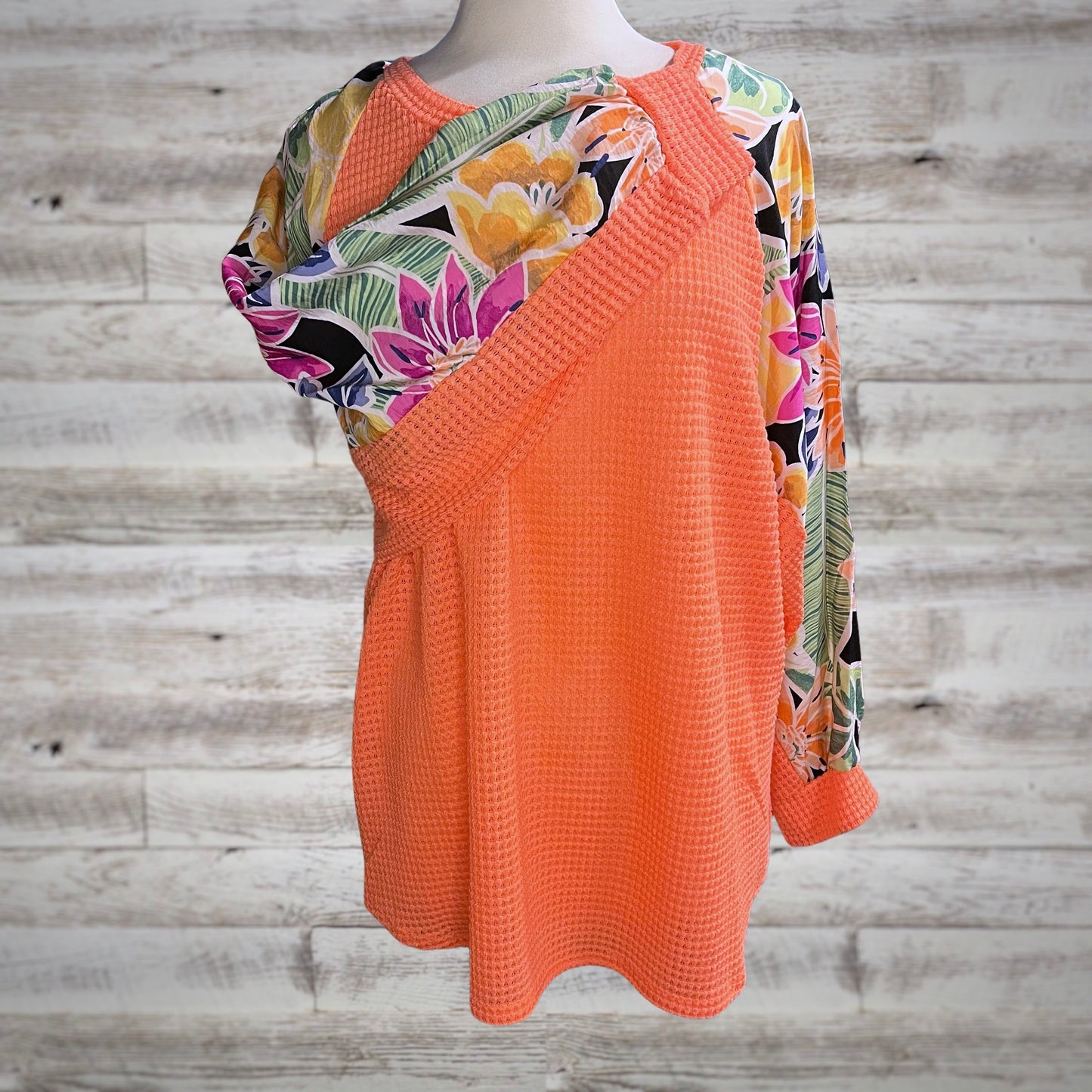 Summer Floral Waffle Knit Dolman Sleeve Top in Neon Coral