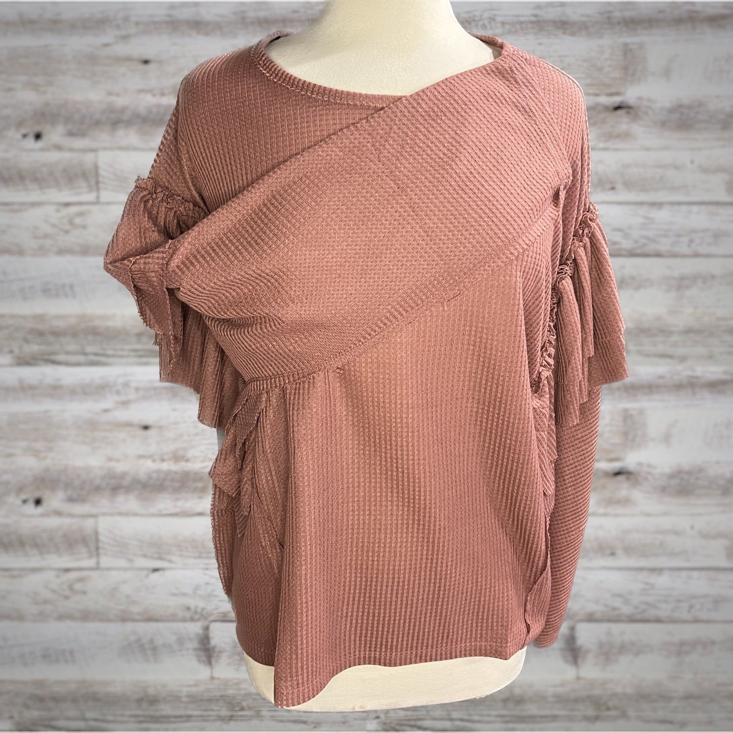 Ruffled Waffle Knit Long Sleeve Top in Mauve