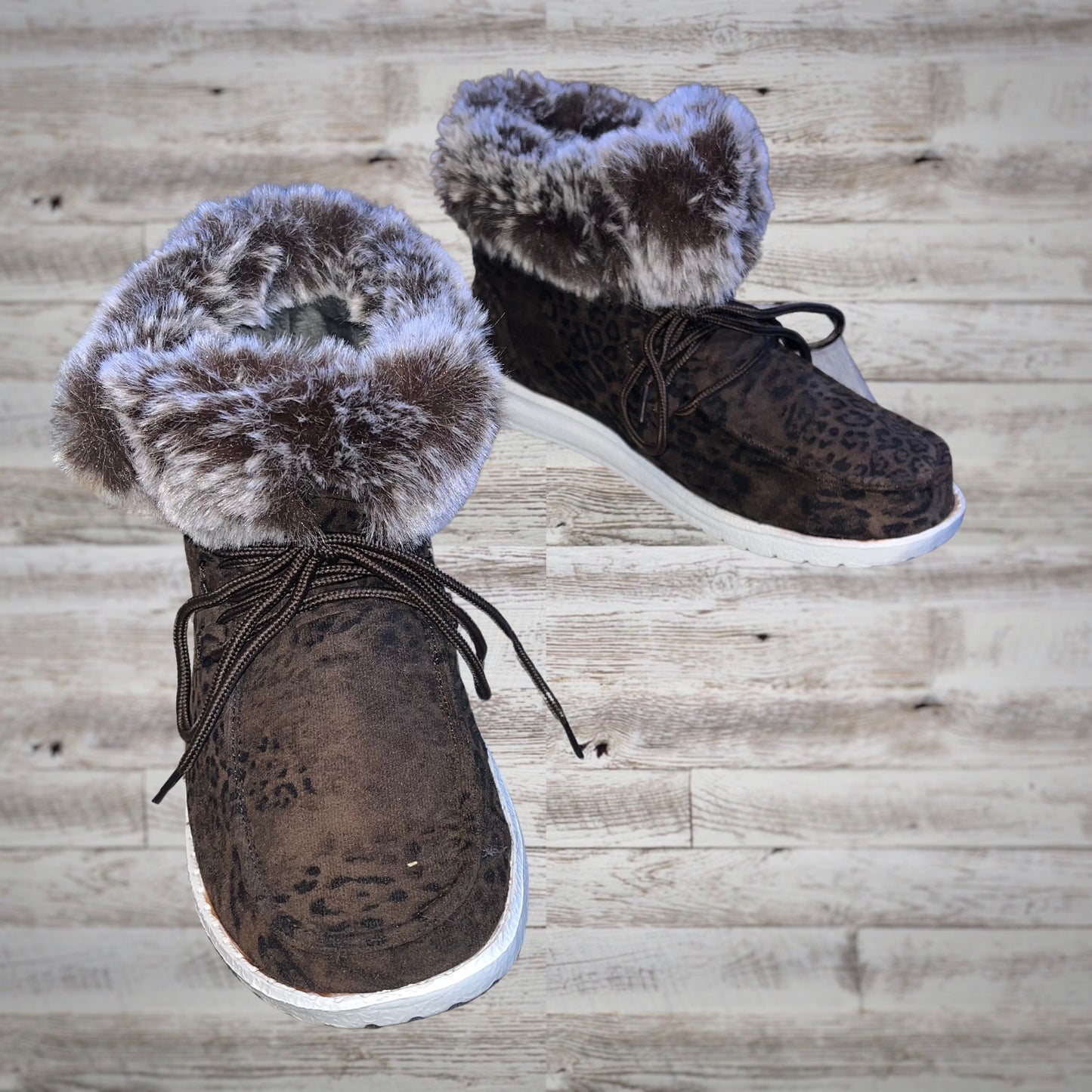 Gypsy Jazz Fur Lined Lace Up Booties in Dark Leopard