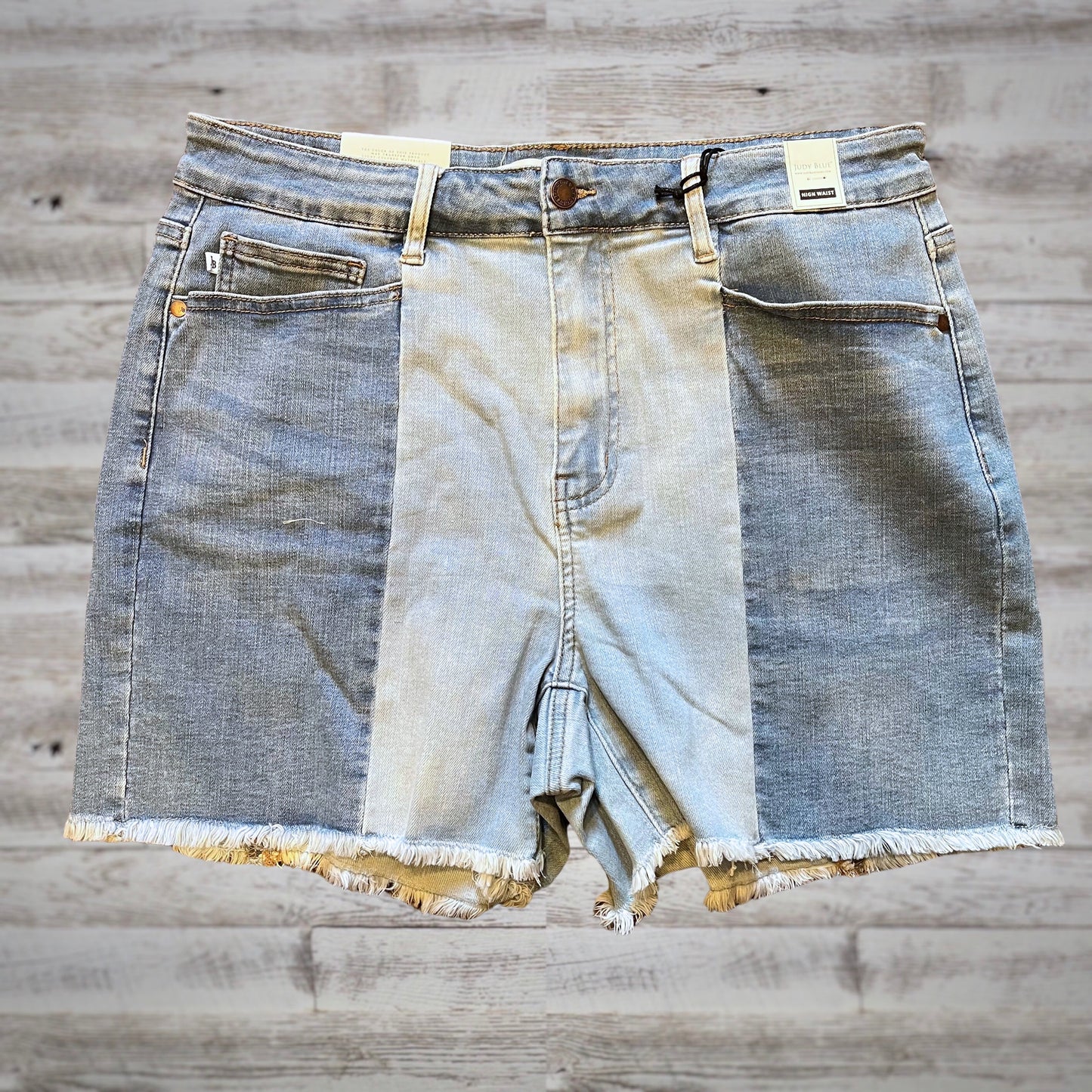 PLUS Judy Blue Split Two Tone Light Wash Cut-off Jean Shorts