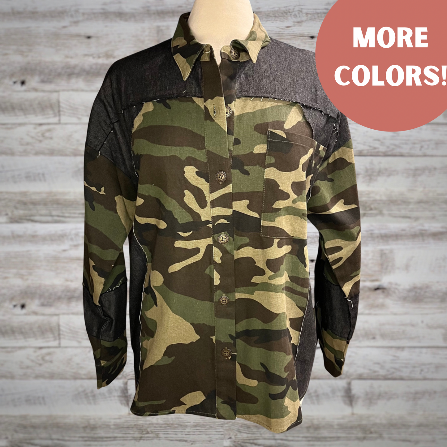 Camo Print Denim Mix Button Down Jacket
