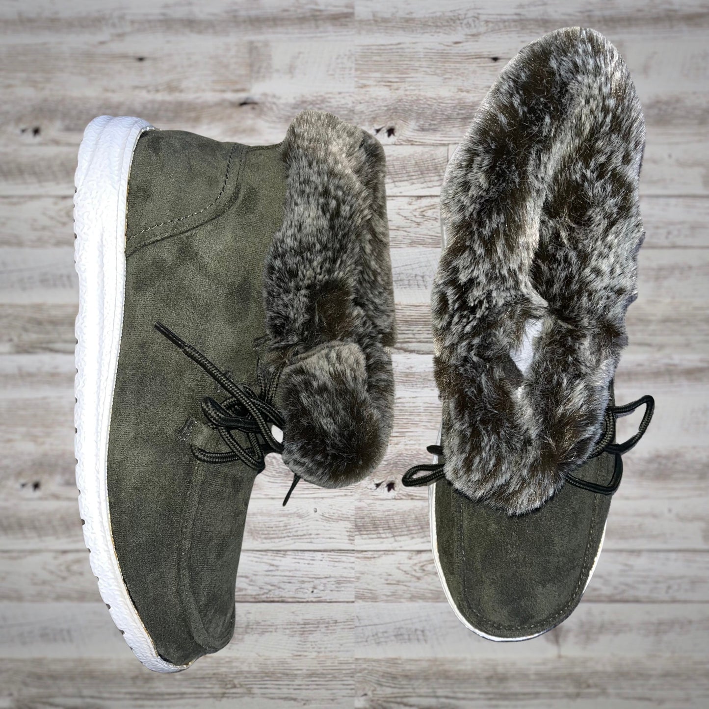 Gypsy Jazz Fur Lined Lace Up Booties in Solid Olive