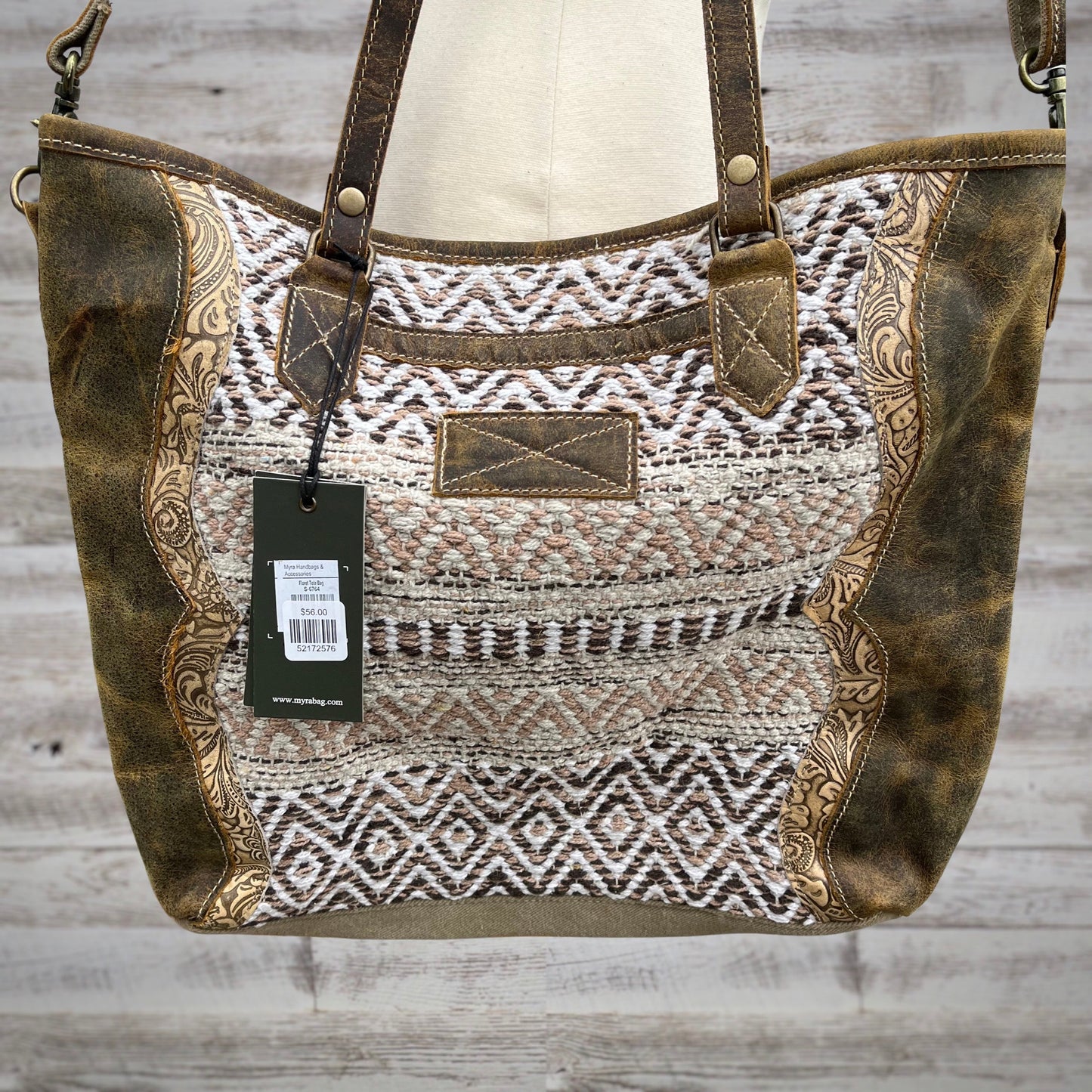 Myra Bag Floret Large Tote Woven and Distressed Tooled Leather