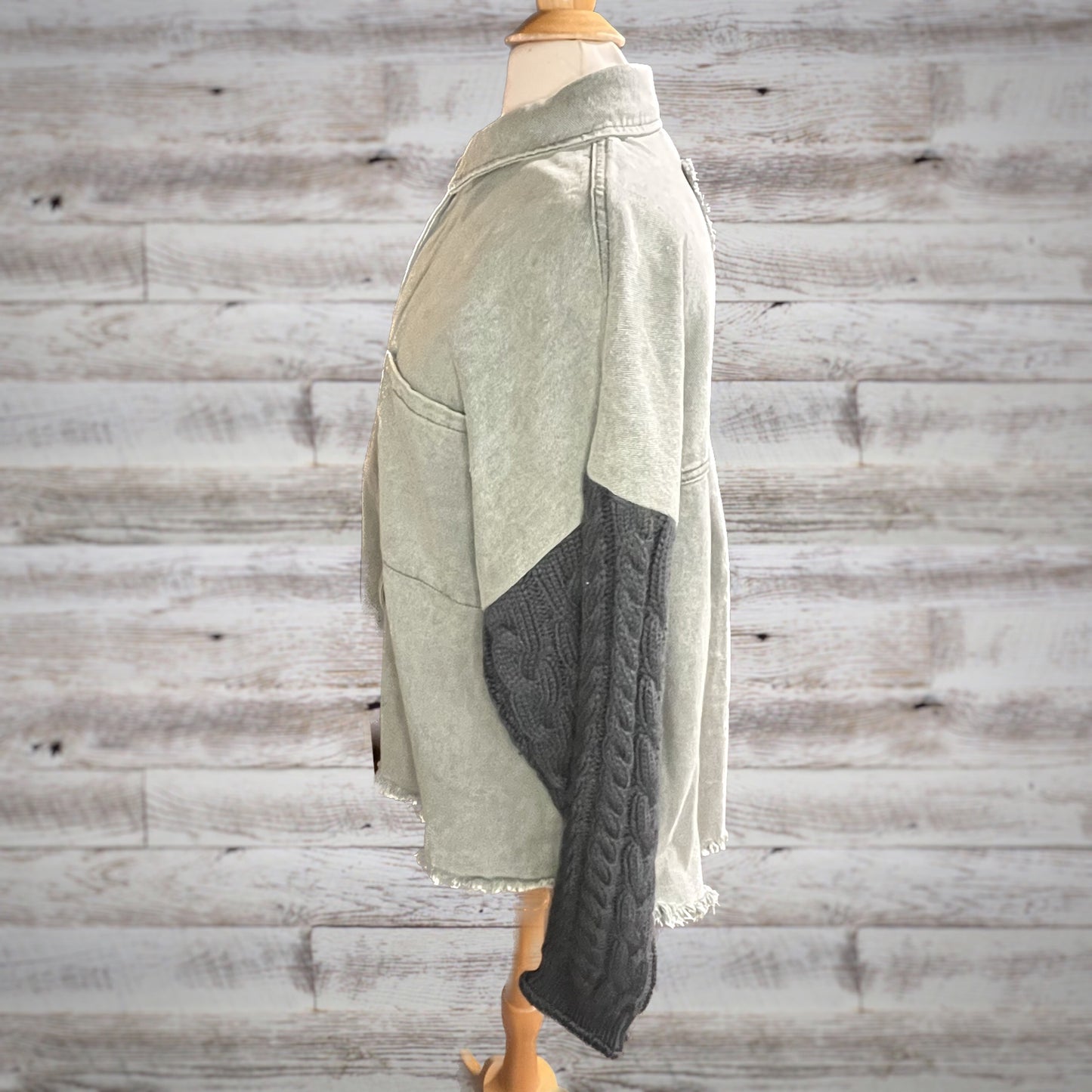 POL Cable Knit Sleeve Denim Jacket in Sage